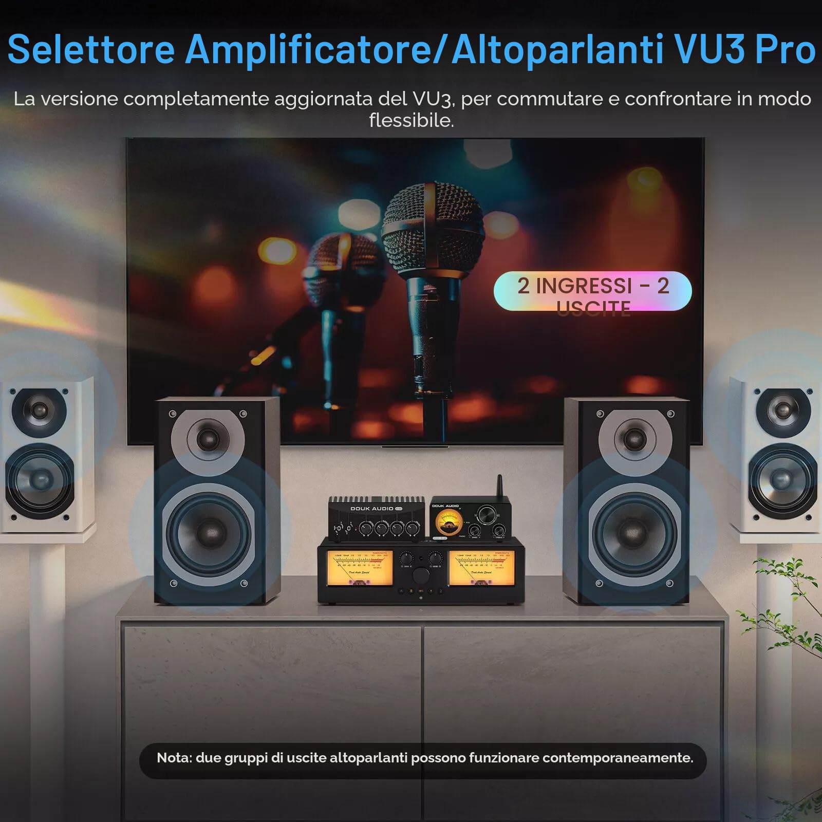 DoukAudio VU3PRO - Doppio metro analogico VU, interruttore amplificatore a 2 vie, selezione degli altoparlanti, amplificatore audio, 2 in 2 -OUT, con pickup MIC e display DB Panel