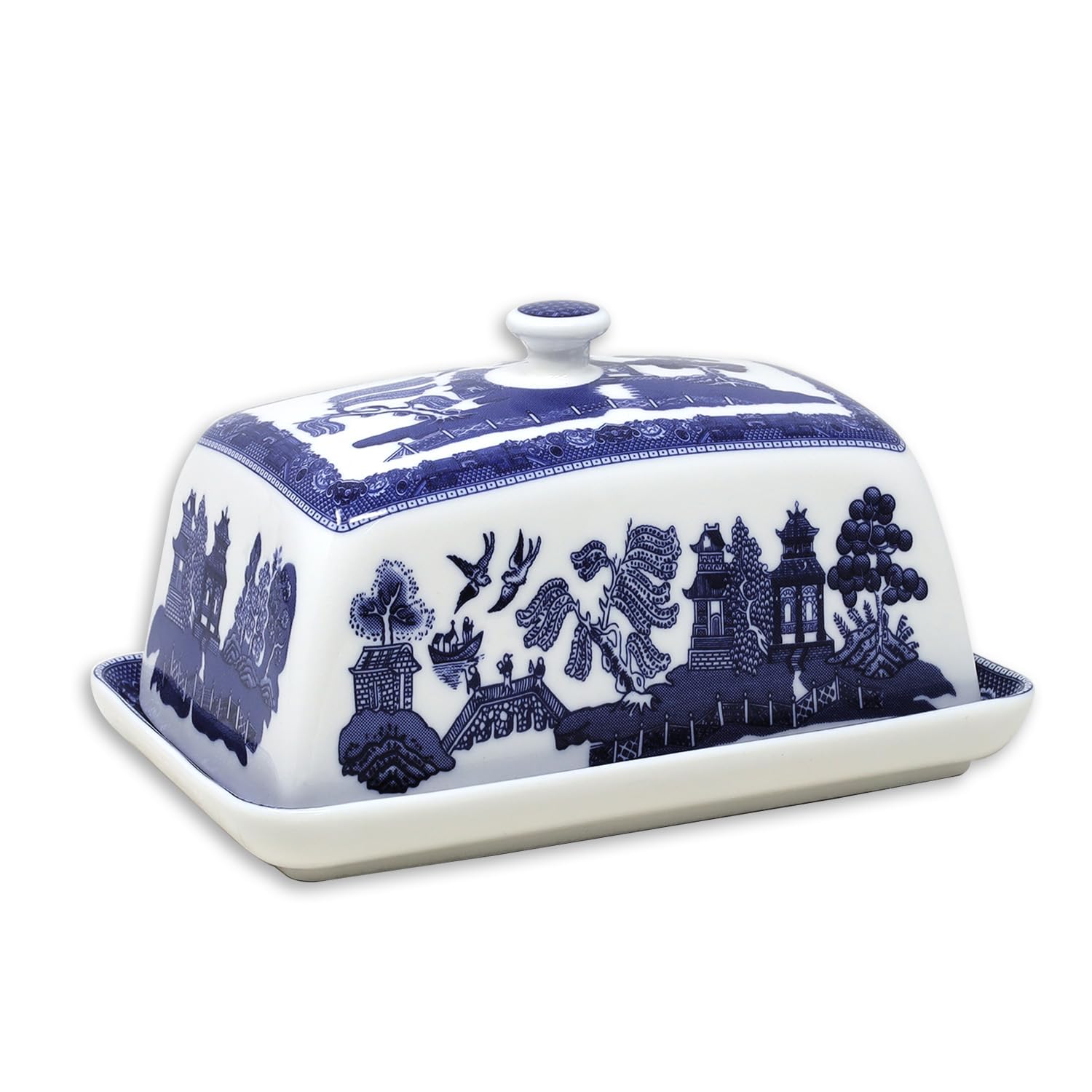 Blue Willow Butter Dish Ceramic Covered Server Style Oriental Design Tableware