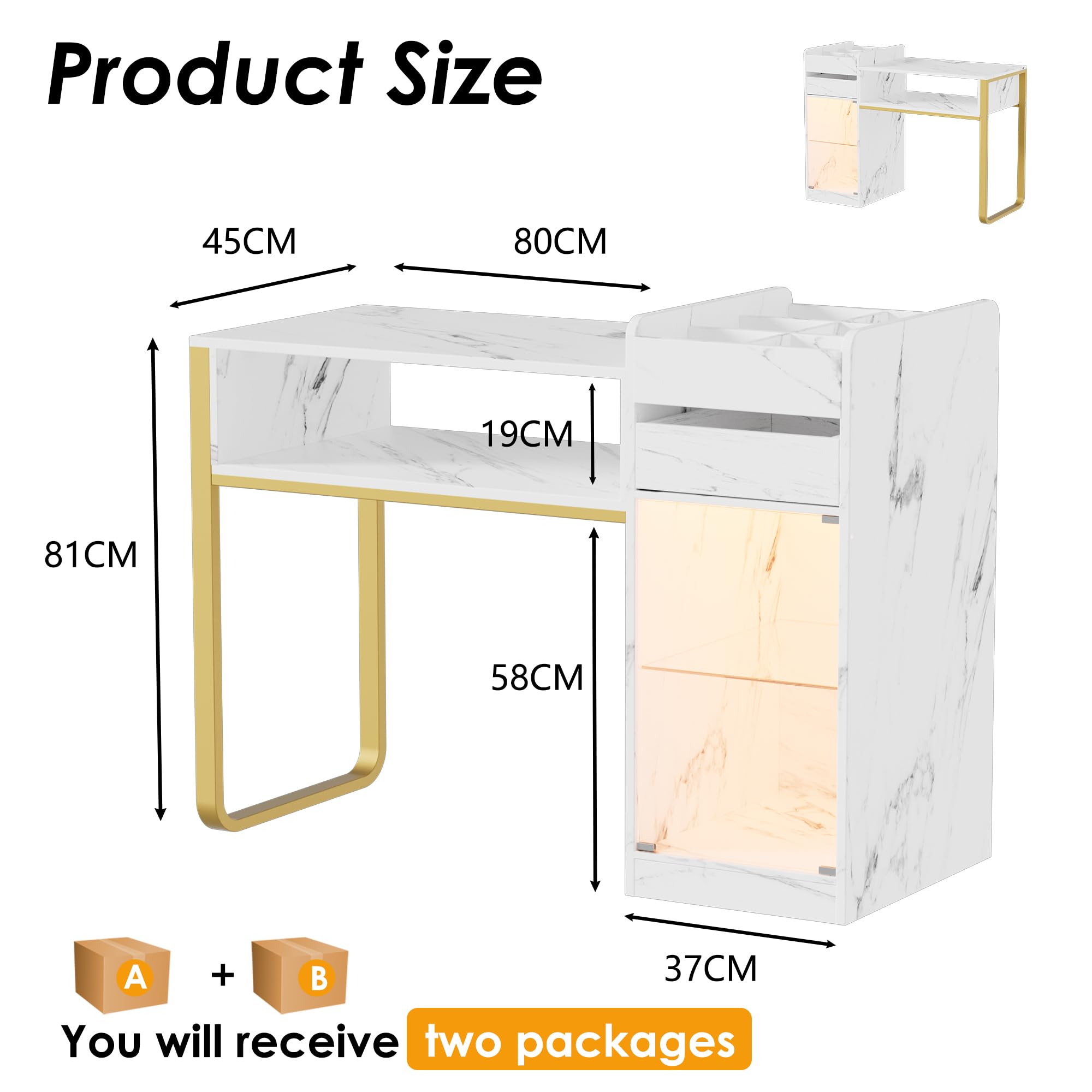 Tavolo per Manicure in Legno con Cassetti e Luci LED Regolabili, Marmo-Bianco-Oro, 117x45x81cm, per Salone di Bellezza