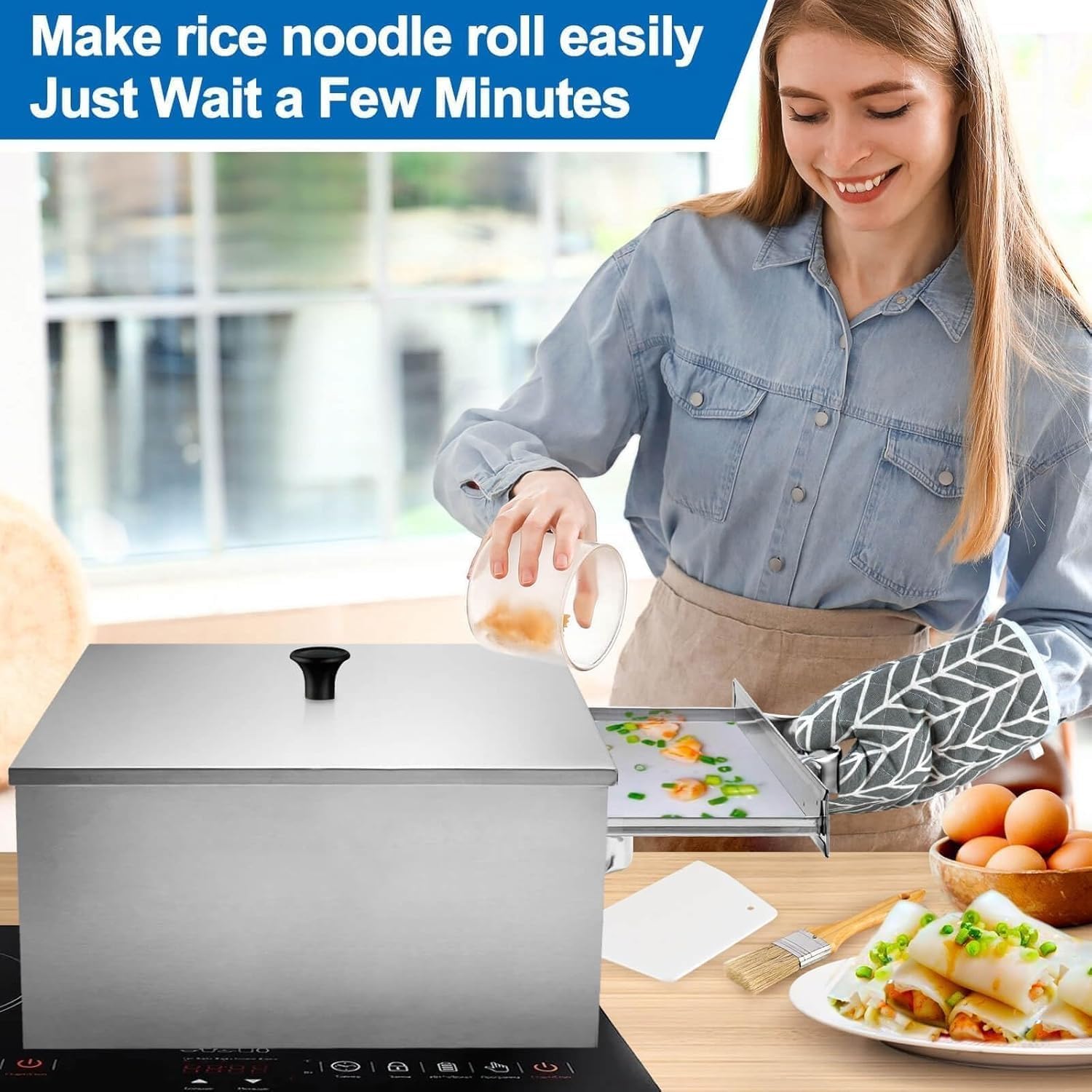 Rotoli di riso per noodle, 2000 W, vaporiera in acciaio inox con 3 vassoi sostituibili e timer per riscaldamento di panini da cucina e ristorante, vapore commerciale