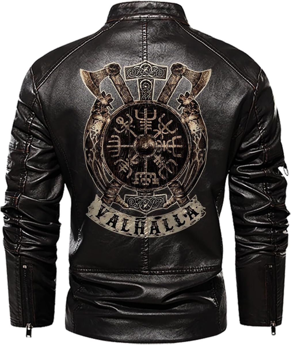 Vegvisir Berserker Valhalla Viking Symbol Custom Men Motorcycle PU Leather Coat Biker Rider Jacket Gift for Him