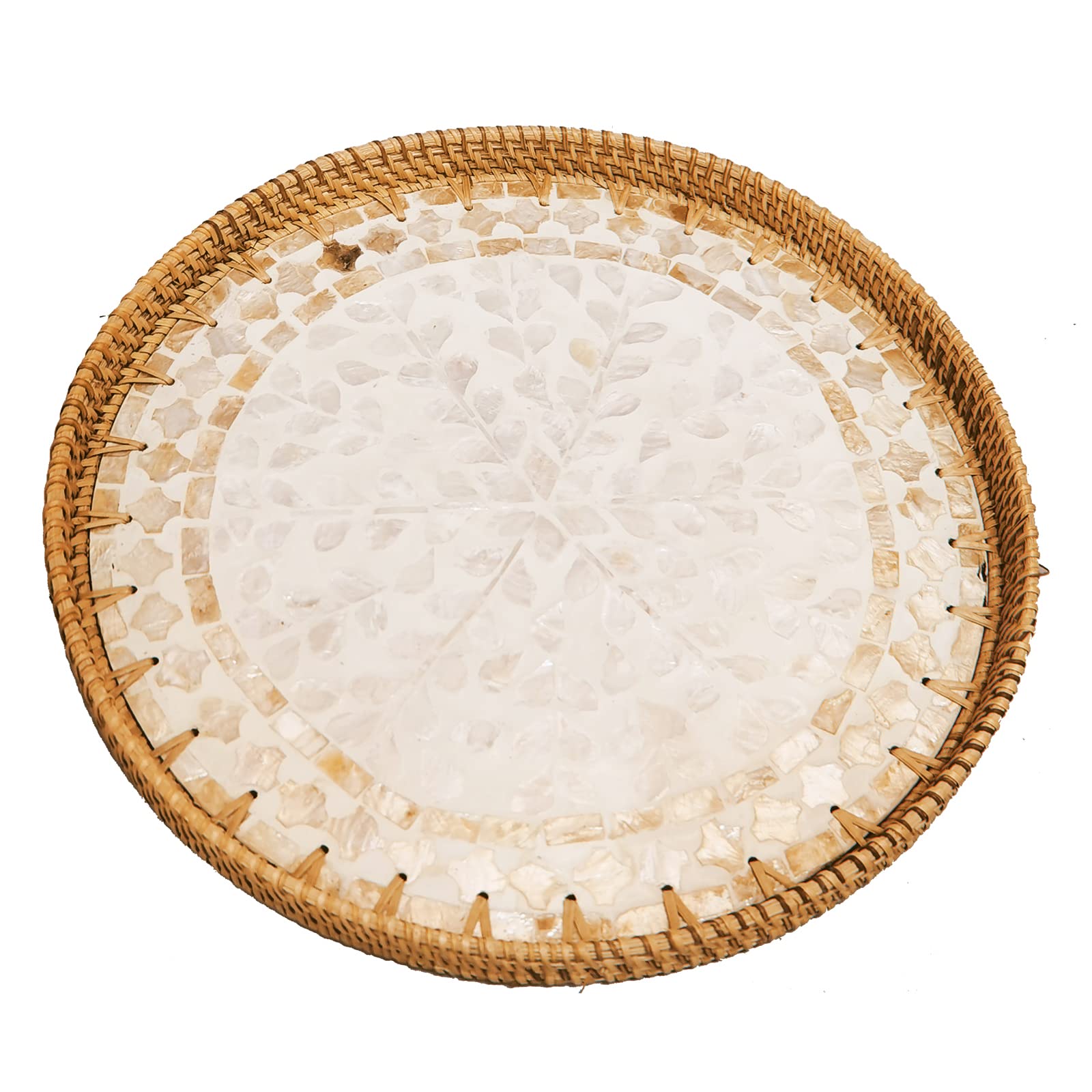 Exxacttorch 12 Inch Rattan Round Serving Basket with Beige MOP Wooden Base, Large Wicker Ottoman Basket Tray with 1”Side, Woven Basket Bowl Plates for Home Décor, Coffee Table, Display, Brown