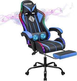 HOFFREE RGB Gaming Chair with Speakers Massage Computer Gaming Chair with LED Lights and Footrest High Back Video Game Chair for Adults Blue and Black