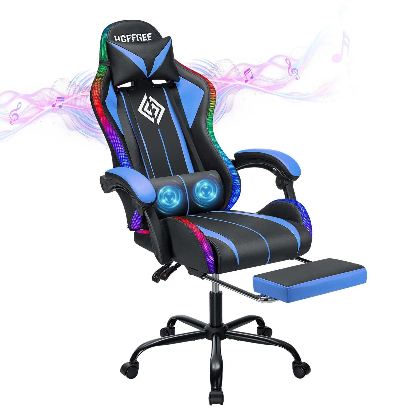 HOFFREE RGB Gaming Chair with Speakers Massage Computer Gaming Chair with LED Lights and Footrest High Back Video Game Chair for Adults Blue and Black