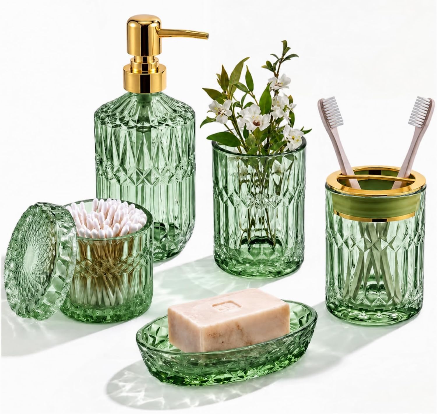 5 Pcs Green Glass Bathroom Accessories Set (Soap Dispenser, Toothbrush Holder, Tumbler, Soap Dish, Cotton Swab Jar), Vintage Bathroom Accessory Decor for Sink Counter Housewarming Gifts