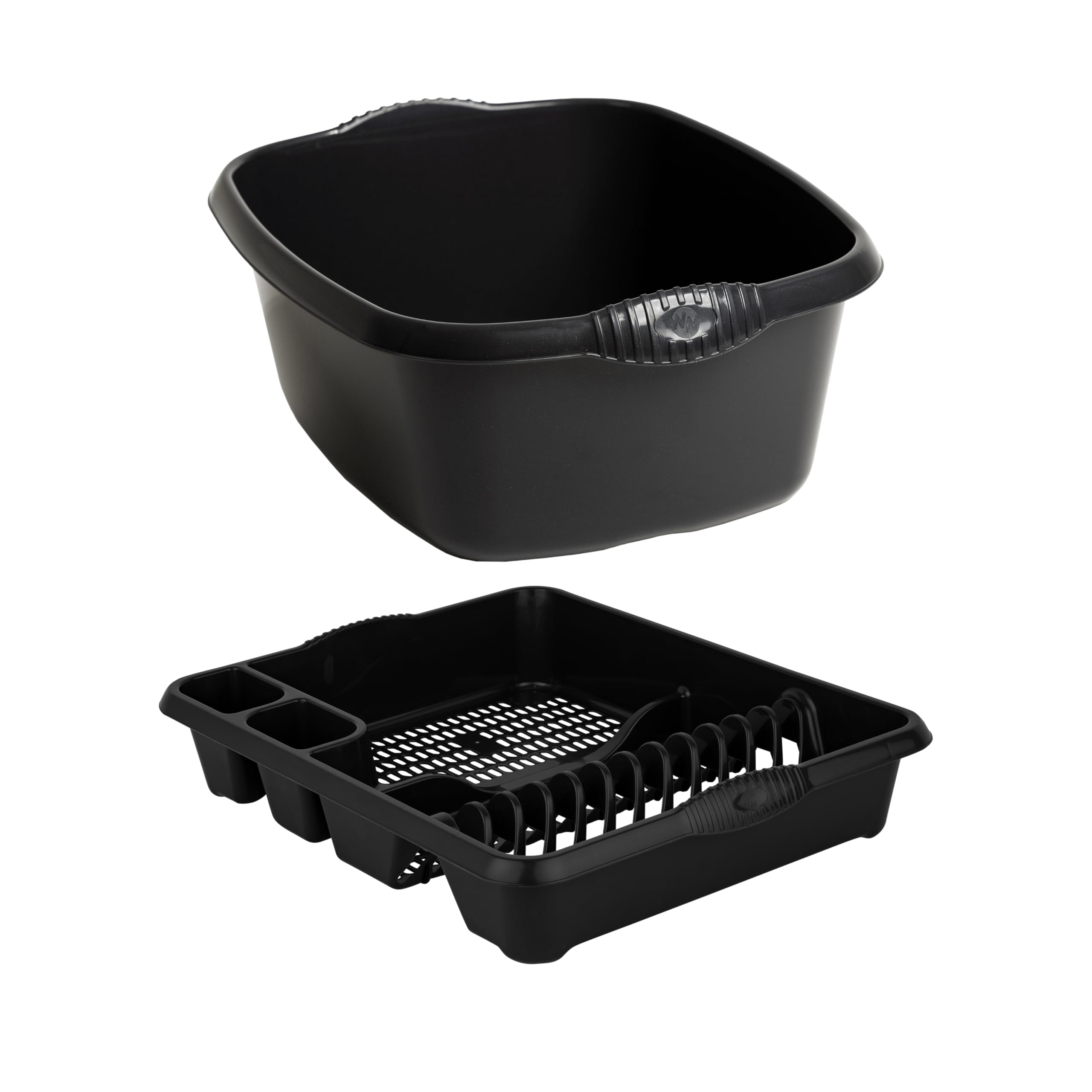 M1SS Set of 39cm Rectangular Washing up Bowl with Large Dish Drainer Plate Rack Draining Board Tray Stand Sink Holder Kitchen Organiser - Black โ image 1