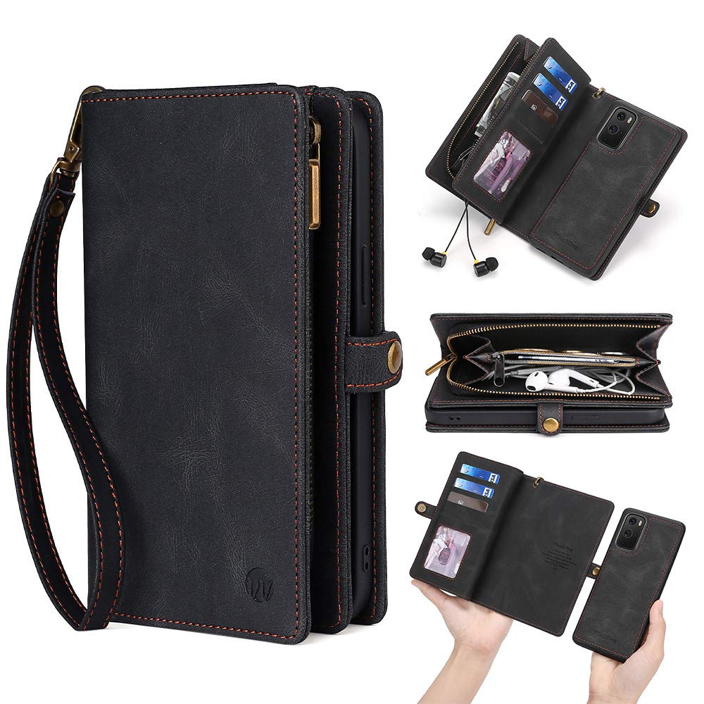 Compatible with One Plus 9 Case,Premium PU Leather Magnetic Closure Flip Fold Wallet Case Has Kickstand Magnetic Buttons Card Slots Wrist Strap (Black)