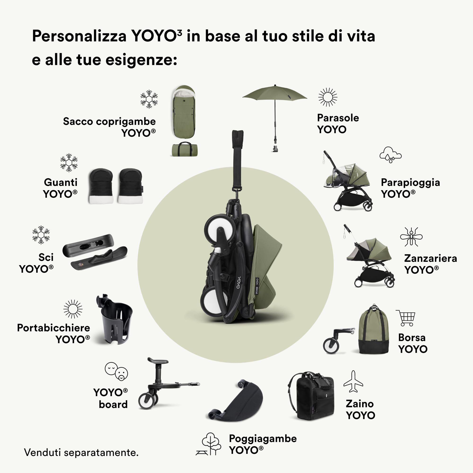Stokke YOYO 0+ Newborn Pack, Olive - Include materasso, capottina estendibile e allacciatura a 5 punti - Richiede telaio YOYO (venduto separatamente)