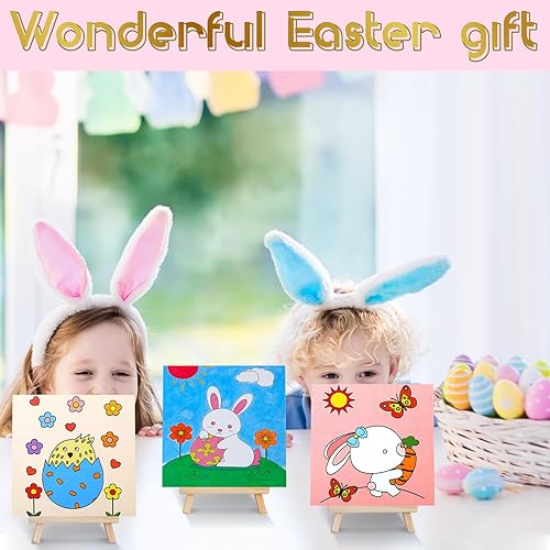 Miniatura 5 de Tenceur Juego de 48 piezas de recuerdos de fiesta de pintura para niños con 12 paneles de lona predibujados y caballete de madera, juego de macetas