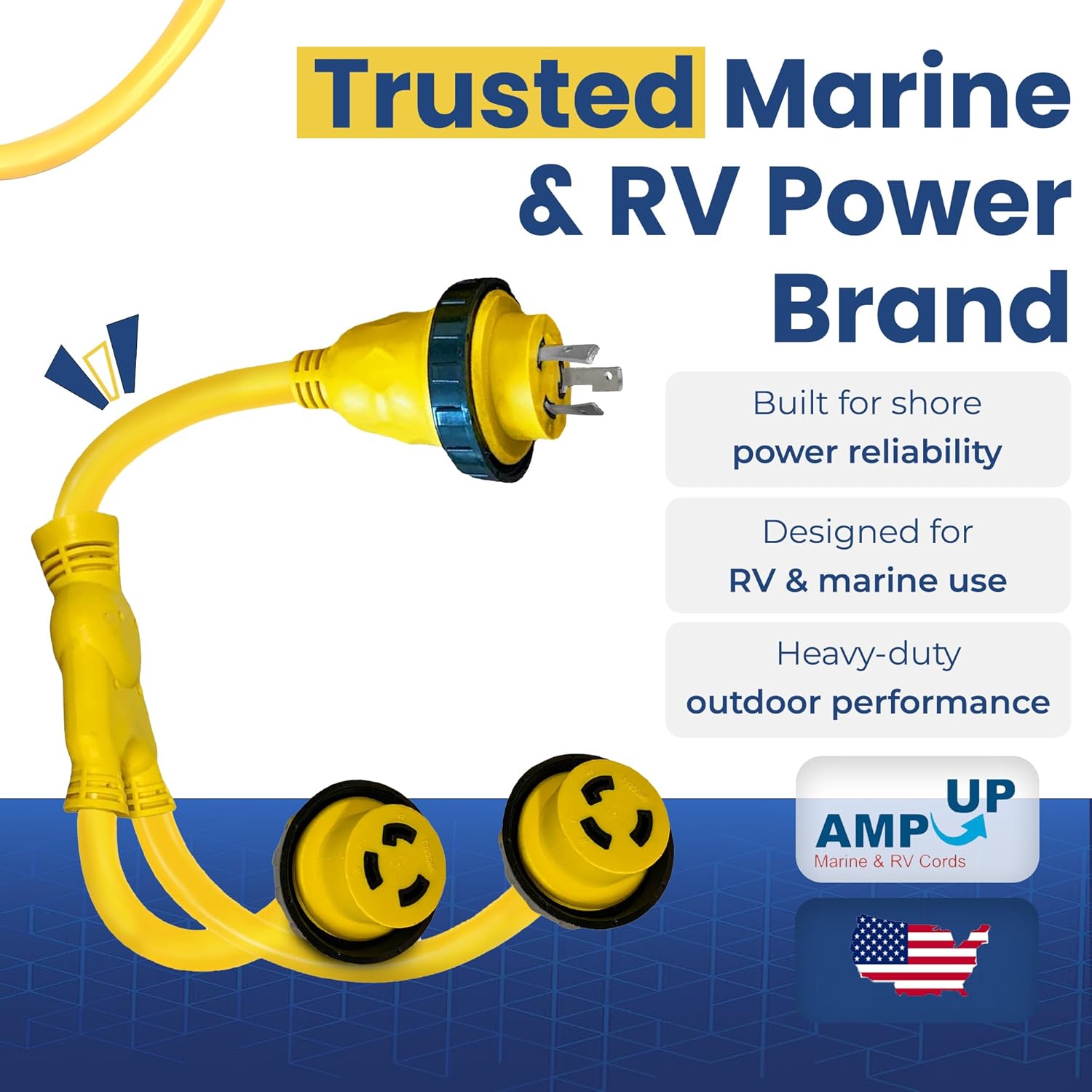 Amp Up Marine 30 Amp RV Y Splitter Shore Power Adapter Cord, 125V 30A Male to (2) 125V 30A Female Receptacles, Heavy Duty Marine & Camper Power Splitter for RV, Boat, Camper, Dock & Shore Power