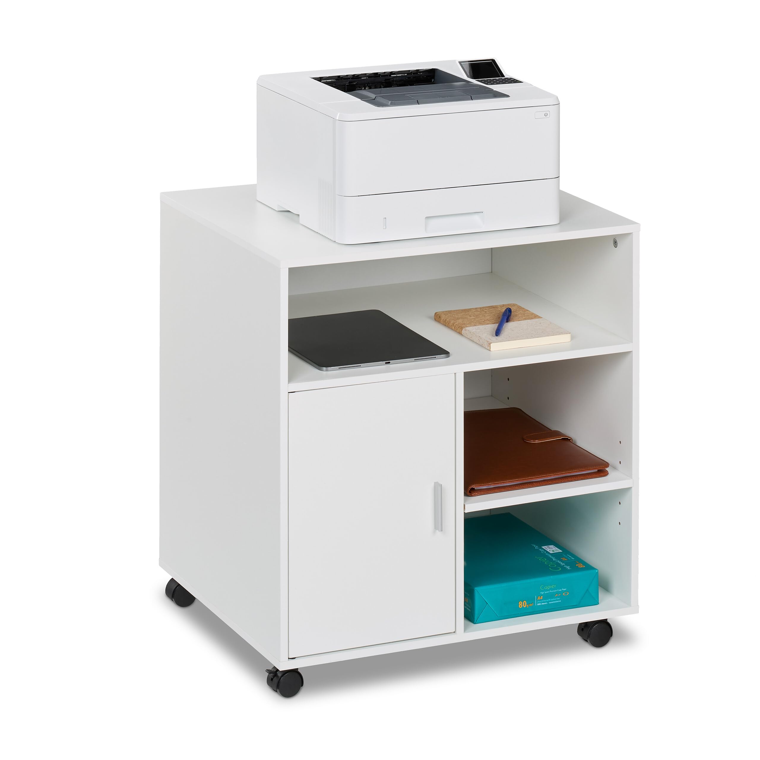 Relaxdays Mobile Roll Container with 5 Compartments & Door, Office Cabinet on Wheels, HWD: 66.5 x 60 x 50 cm, White, Fibreboard