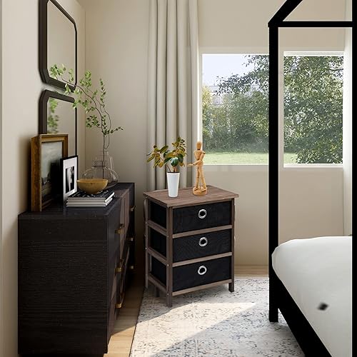 Miniatura 4 de Juego de 2 mesitas de noche 3 cajones de tela marco de madera 3 cajones mesita de noche con cajones modernas mesitas de noche para dormitorios