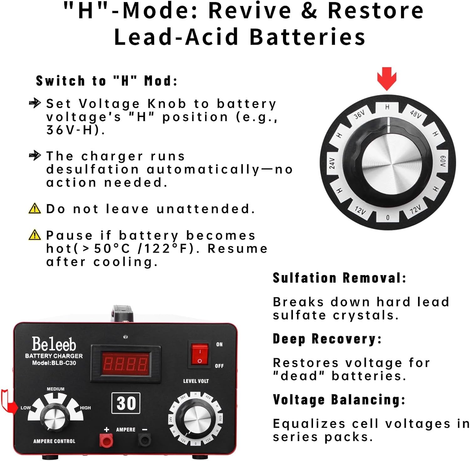 Adjustable Battery Charger 12V 24V 36V 48V 60V 72V Smart LCD Display Pulse Repair Desulfator Cable Clamps Automotive Maintainer for Golf Cart Mower Boats, PWCs Truck RV ATV SUV - Image 4