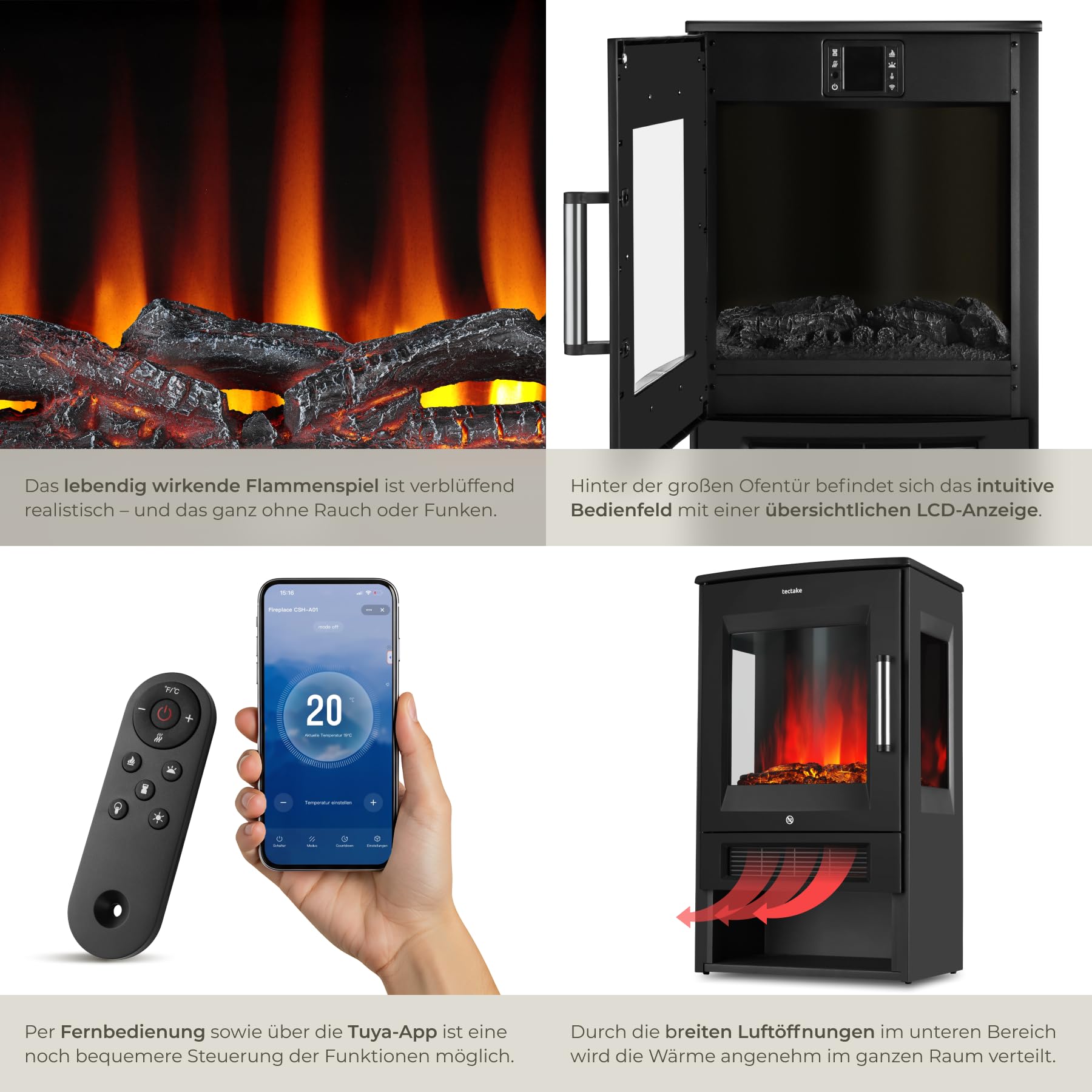 tectake® Elektrokamin mit 2 Heizstufen 900W/1800W, elektrischer Kamin mit 3D-Flammeneffekt Kaminfeuer in 8 Farben, Kamin mit Fernbedienung und Tuya-App-Steuerung, Timer, Elektro Kamin, schwarz