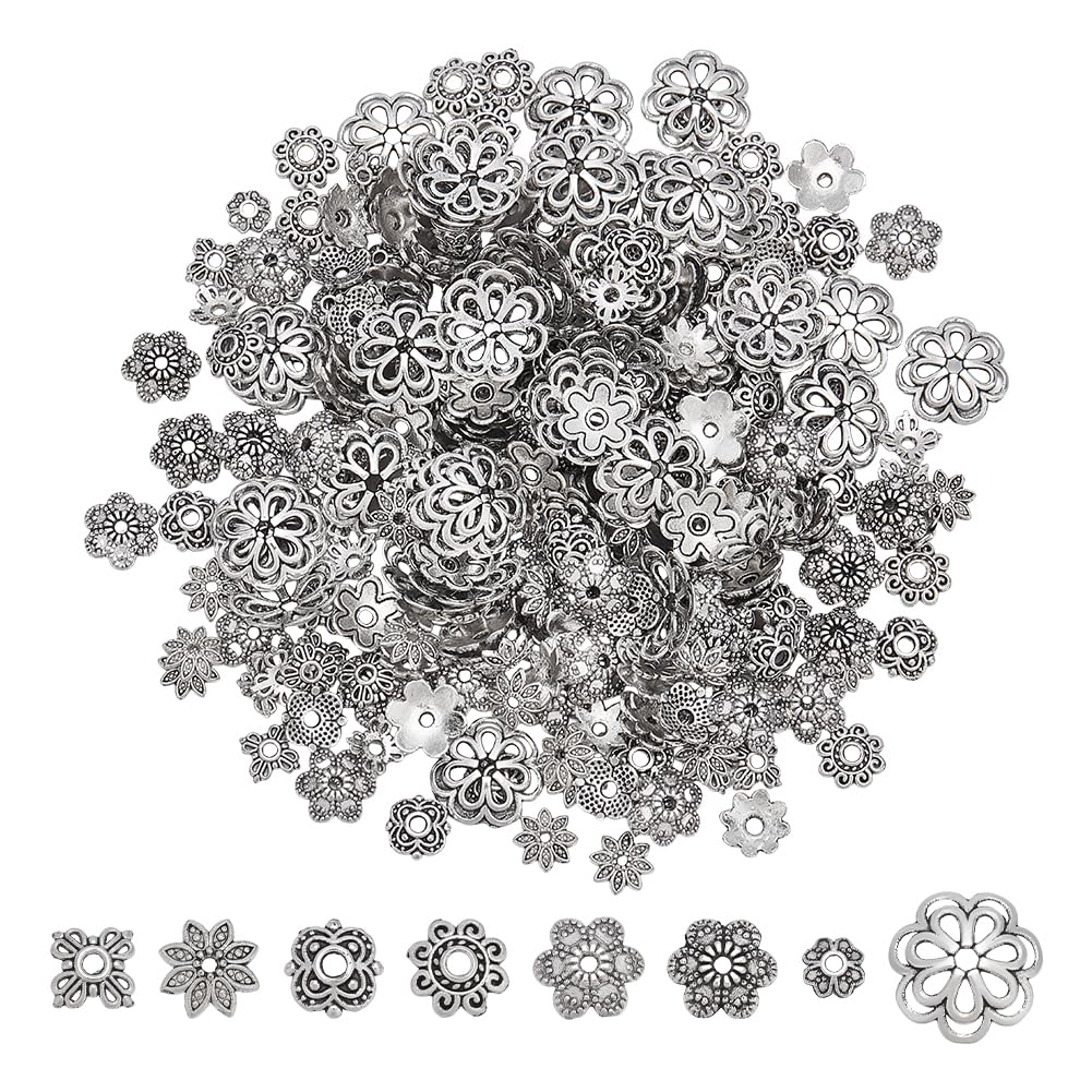 UNICRAFTALE 320Pcs 8 Styles Tibetan Flower Beads Antique Silver Spacer Bead Cap Filigree Loose Beads Caps Metal Bead End Caps for DIY Bracelet Necklace Earrings Jewelry Making Supplies