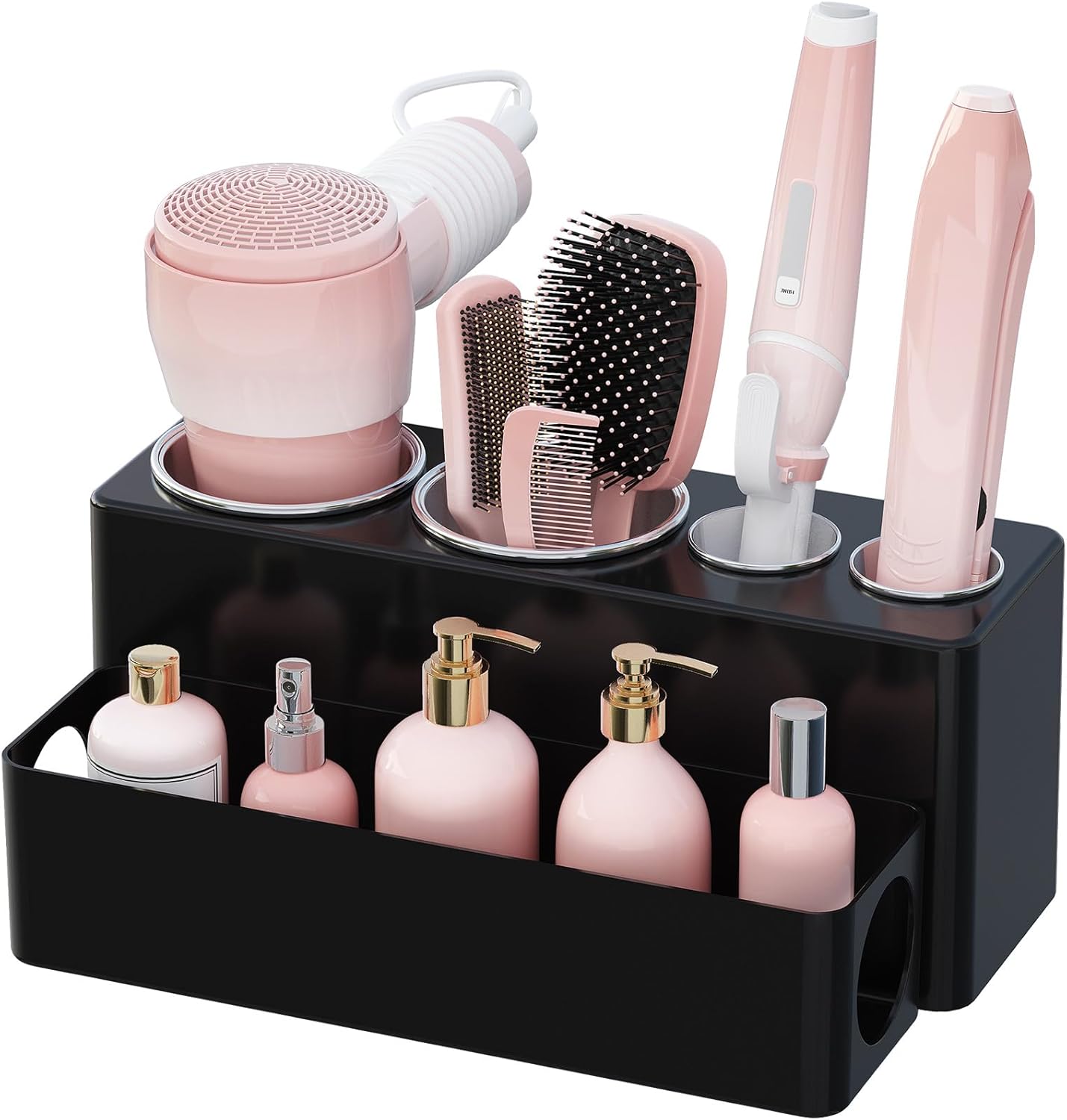 Lifewit Hair Tool Organizer Countertop, Removable Blow Dryer Holder for Bathroom, Acrylic Hot Tools Organizer Storage for Curling Iron, Brush, Straightener, 4 Stainless Cups, Black, 30 cm/12 inch(L)