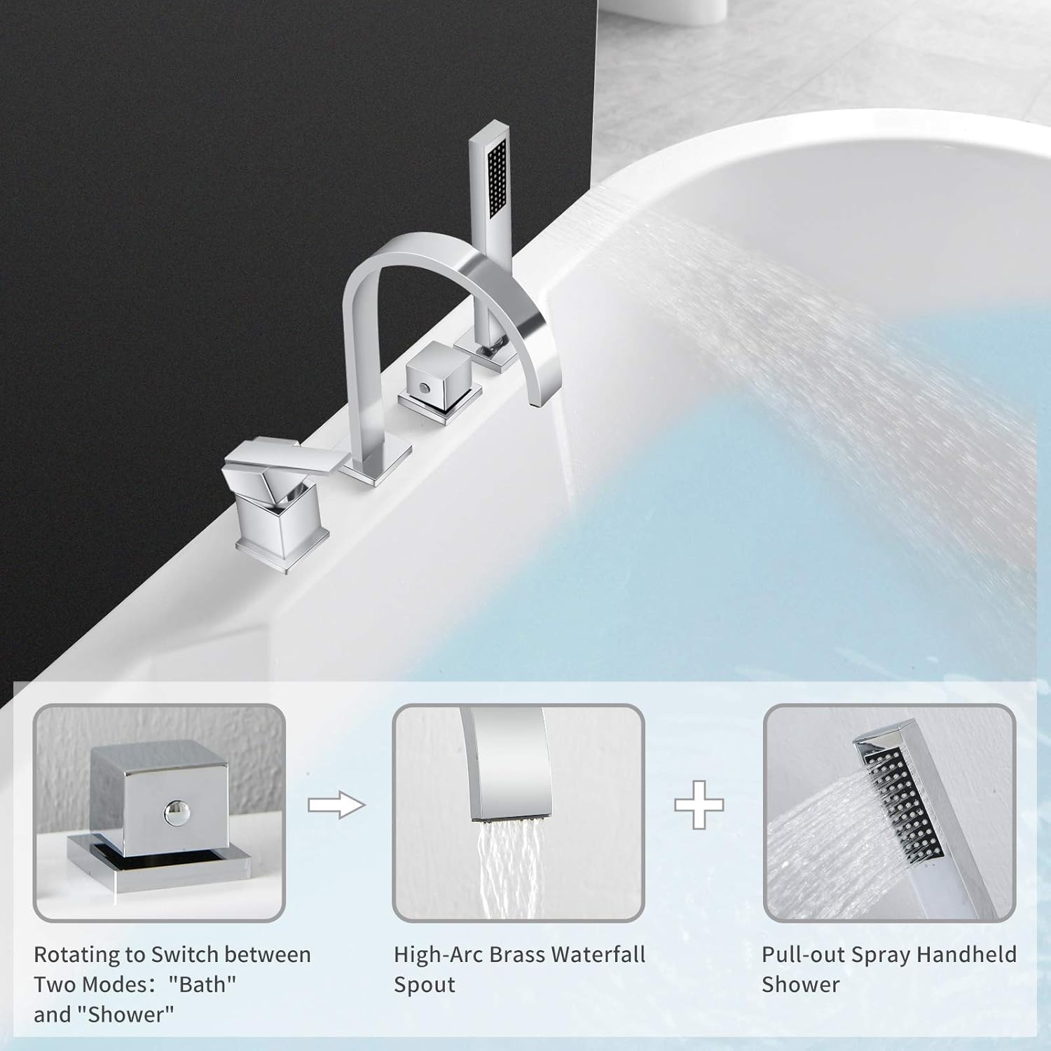 Best Cyber Monday 🔥 WATHELS Modern 4-Hole Waterfall Chrome Bathtub Faucet Bathroom Roman Tub Filler with Handheld Shower