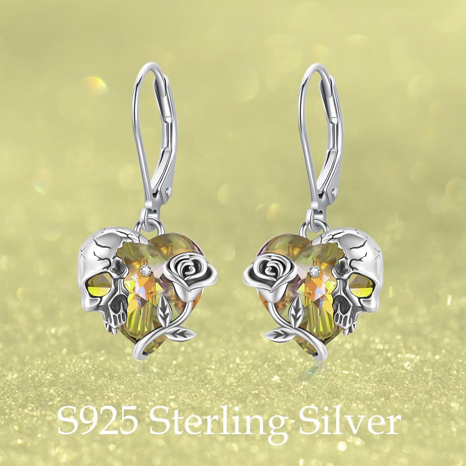 Rose Skull Earrings S925 Sterling Silver Heart Crystal Birthstone Dangle Drop Earrings Hypoallergenic Gothic Skull Leverback JJewelry Gift for Mom Daughter Wife - Image 6