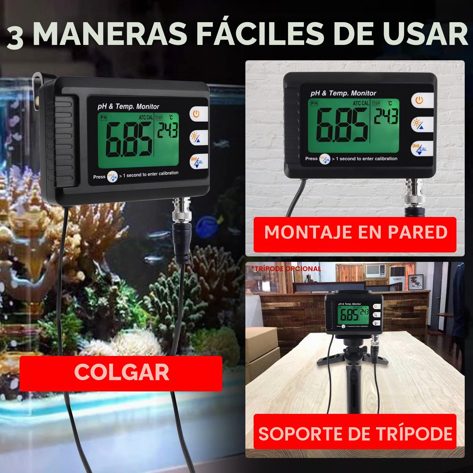 Profesional pH & Temperatura Metro con ATC y Automático Calibración Función, Agua Ensayador Medición para Acuario Hidroponia (pH & Temperatura Monitor)