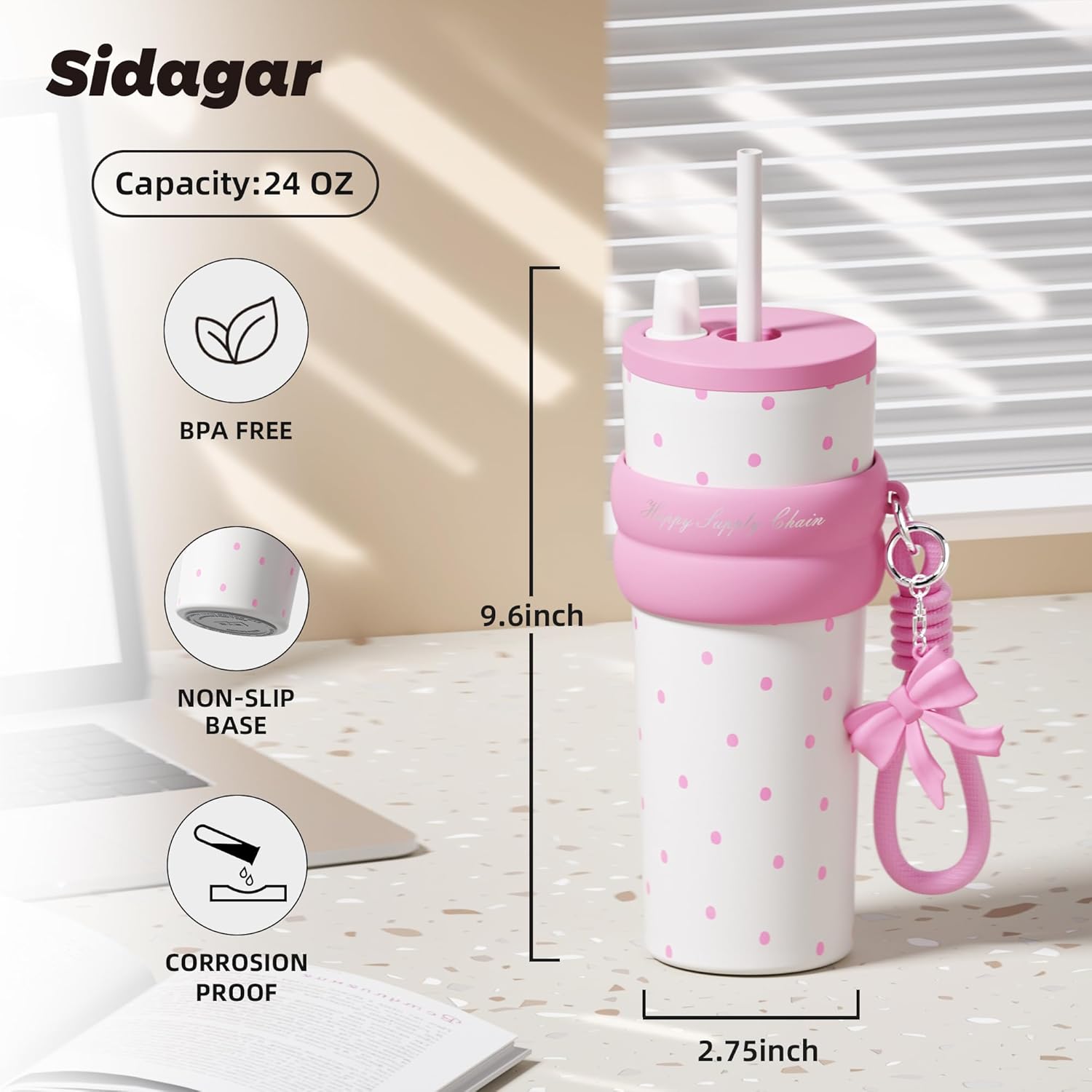 24 oz Stainless Steel Tumbler with Lid and Straw, Insulated Water Bottle Leak Proof for Hot and Cold, Portable Travel Coffee Mug, Reusable Coffee Cup for Women, Pink Dot - Image 2