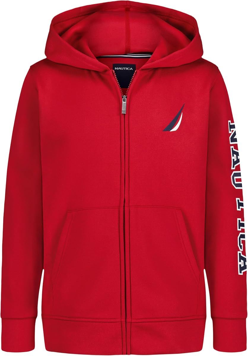 Nautica Sudadera con capucha y cremallera completa de forro polar de manga larga para niño, ajuste cómodo y relajado