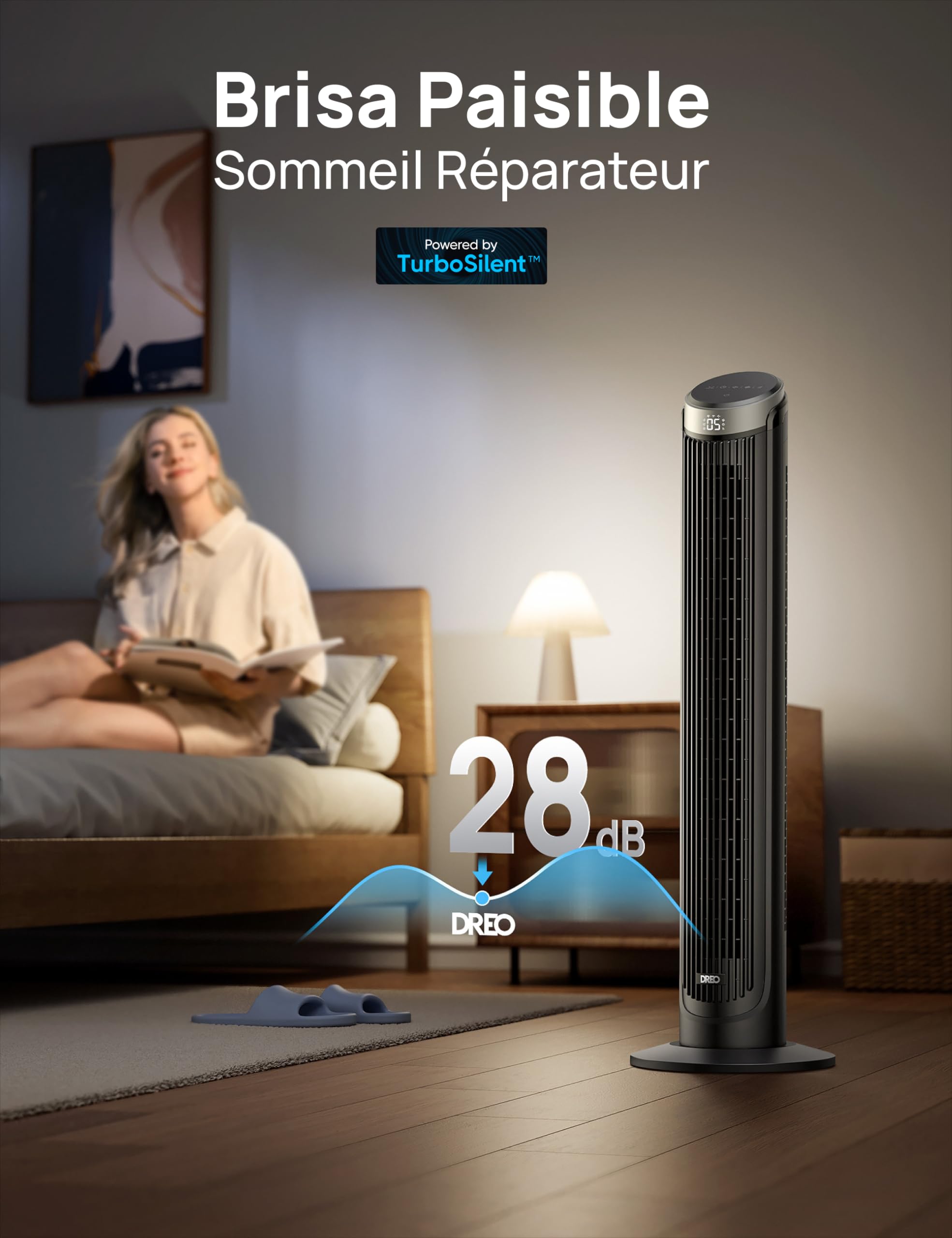DREO Smart Ventilateur Colonne Silencieux, Oscillation à 90°, Ventilateur sur Pied pour Chambre, 7.9 m/s, 5 Vitesses, 4 Modes, Tactile/Télécommande/App & Commande Vocale, Alexa, Minuterie 12H, Argenté