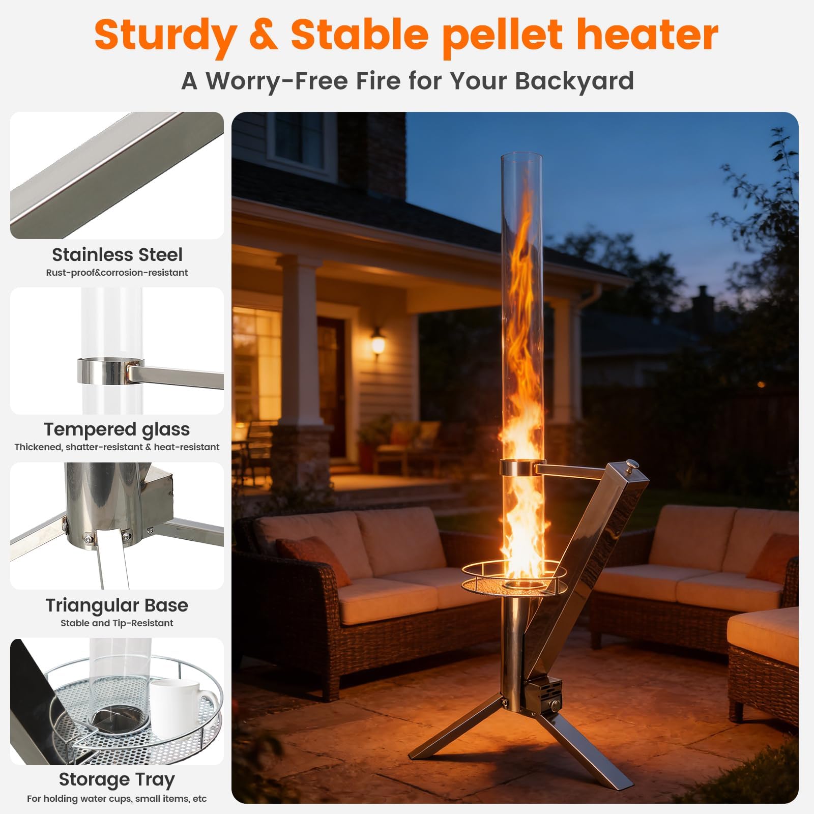 Tubo de fuego, columna de fuego de acero inoxidable y antorcha de pellets para un gran ambiente de fuego, cepillo de limpieza, incluye