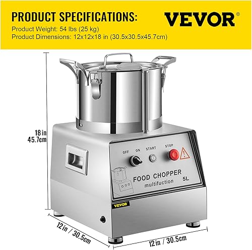 Miniatura 7 de VBENLEM Procesador de alimentos comercial de 110 V, capacidad de 5 litros, cortador eléctrico de alimentos de acero inoxidable de 1400 rpm, perfecto