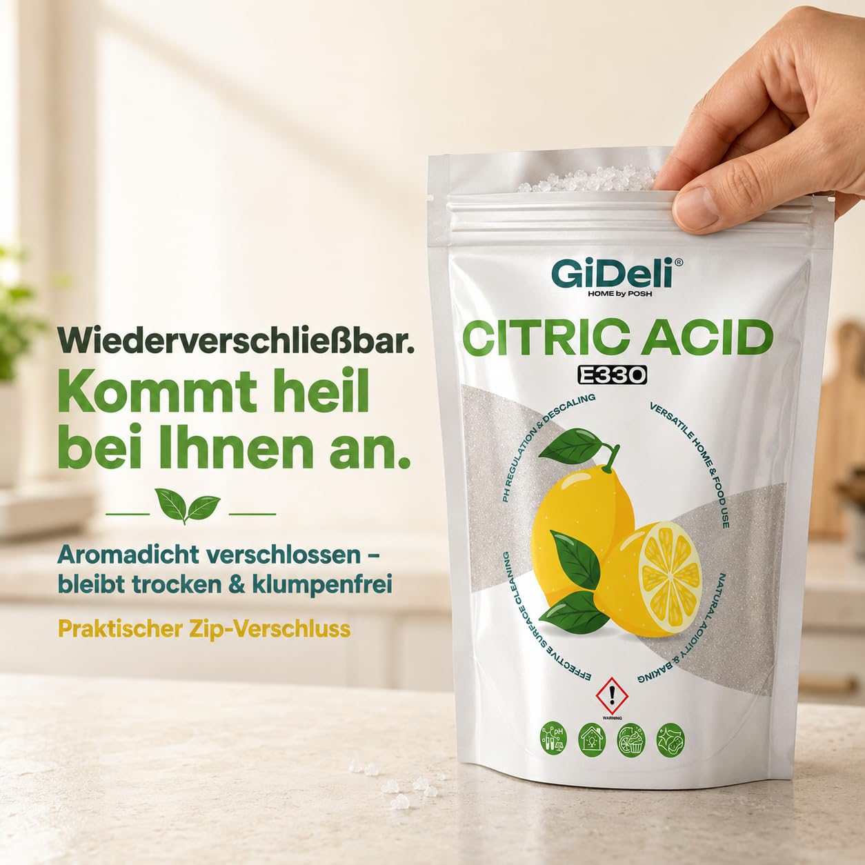 GiDeli Zitronensäure Pulver E330 in Lebensmittelqualität 4x5kg - reine Citric Acid zum Entkalken von Wasserkocher Kaffeemaschine & Waschmaschine - Vegan & Gentechnikfrei für Küche und Haushalt