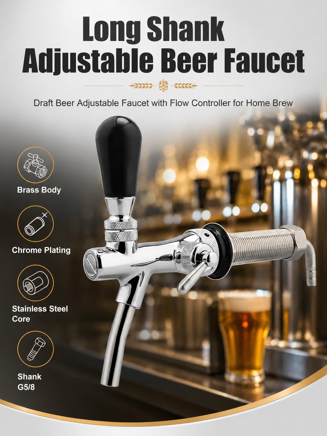 VOBOR Robinet à Bière Réglable, Filetage G5/8 Tireuse a Biere à Longue Tige Chromé, Accessoires de Brassage à Domicile pour la Maison Bière Bar Restaurants
