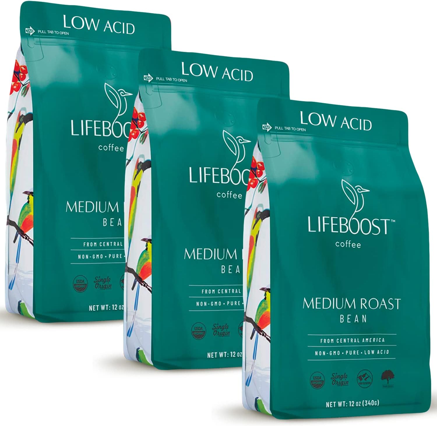 Lifeboost Medium Roast Whole Bean Coffee - Low Acid Organic Coffee, Non-GMO, USDA Organic, Single Origin, Third-Party Tested for Mycotoxins & Pesticides - 12 oz, Pack of 3