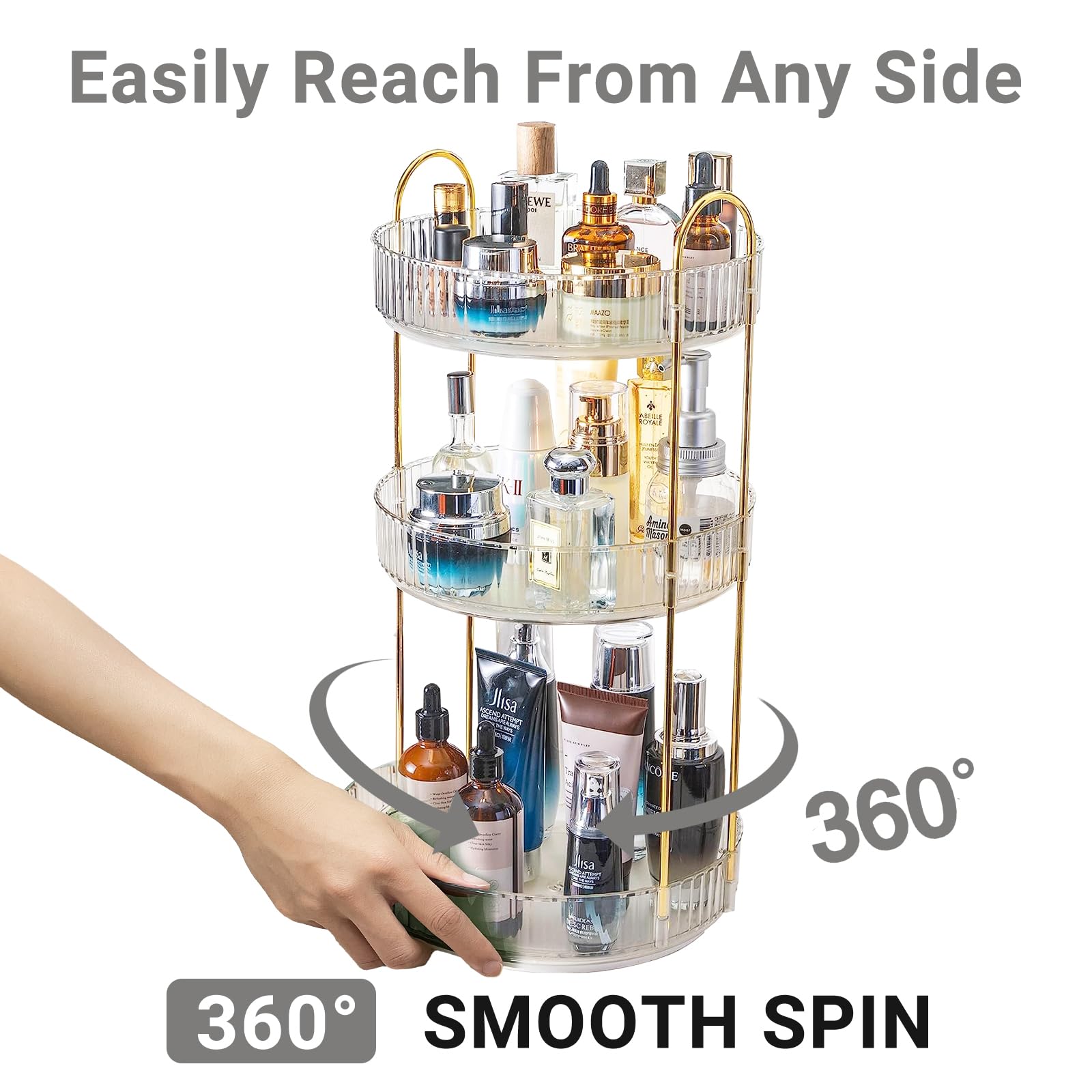 Asayuee Organizer per trucchi girevole a 360°, 2 ripiani, grande capacità, organizer per trucchi e cosmetici, organizer per cosmetici da bagno (trasparente a 3 livelli)