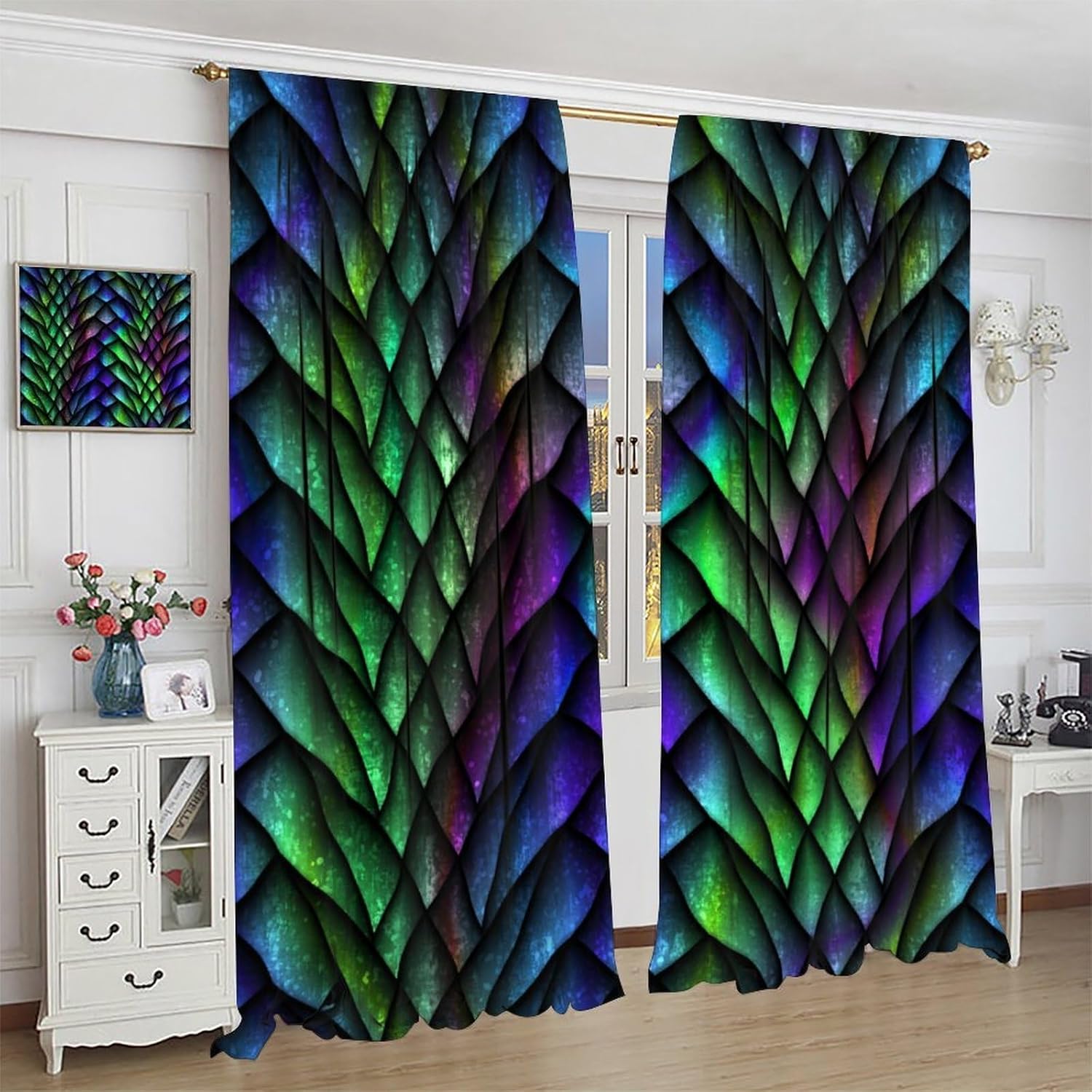 Dragon Curtains, Fantasy Pink Purple Watercolor Metal Dragon Scales Drapes for Bedroom Living Room Kitchen Window Treatment 2 Panels Set Total Size 72" W X 63" L Inch