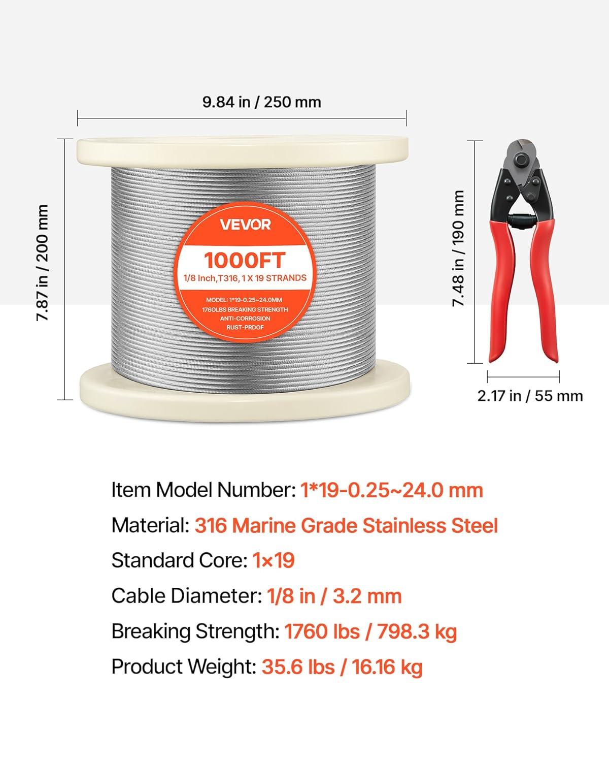 VEVOR 1/8 Inch Wire Rope, 1000 ft Length, 316 Stainless Steel Wire Cable with Cutter, 1760 lbs Breaking Strength, 1 x 19 Strands Construction, Steel Cable for Deck Railing System, Garden Trellis