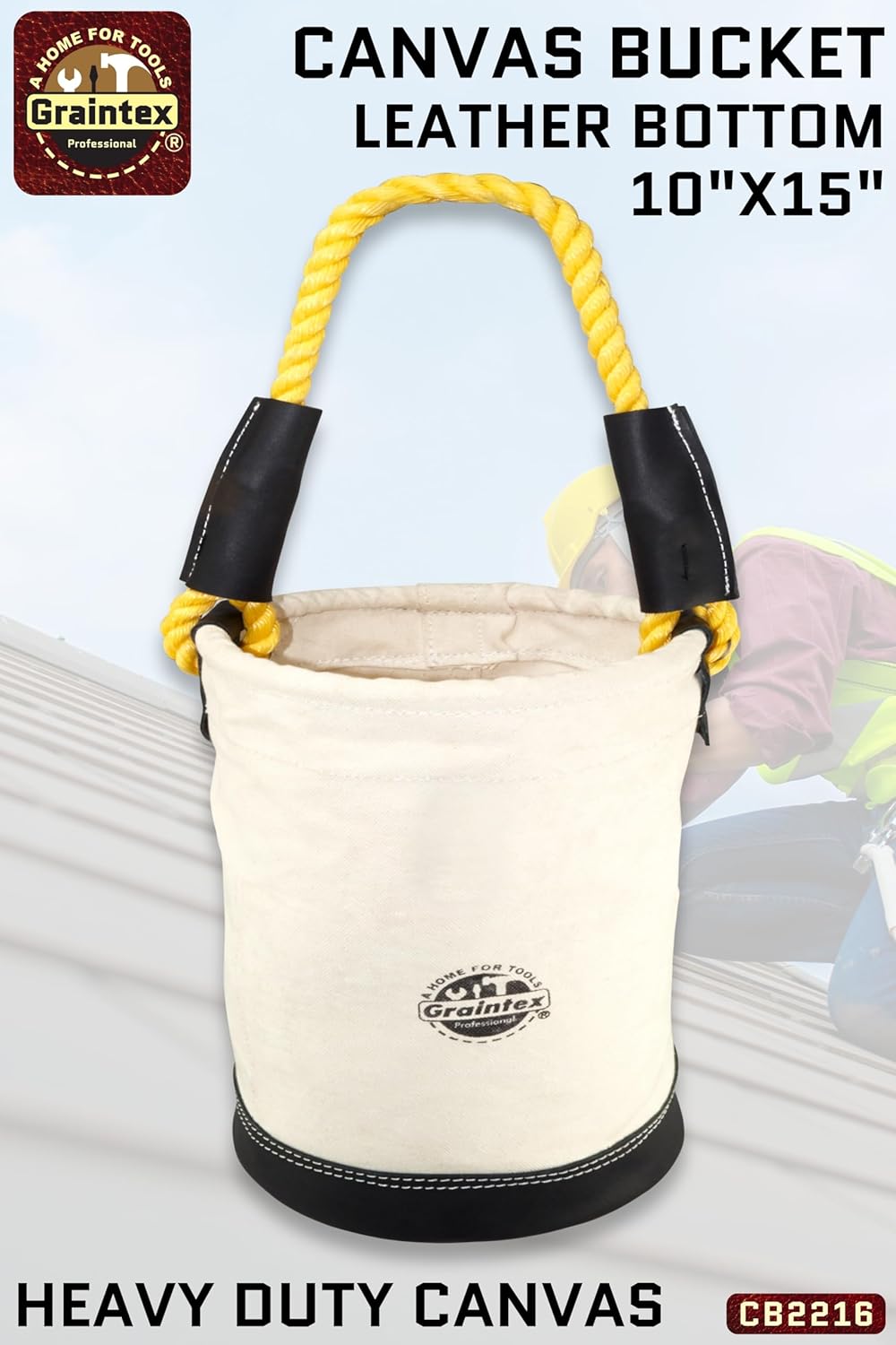 Graintex CB2216 Utility Canvas Bucket Leather Bottom 16" X 10" Rope Handle