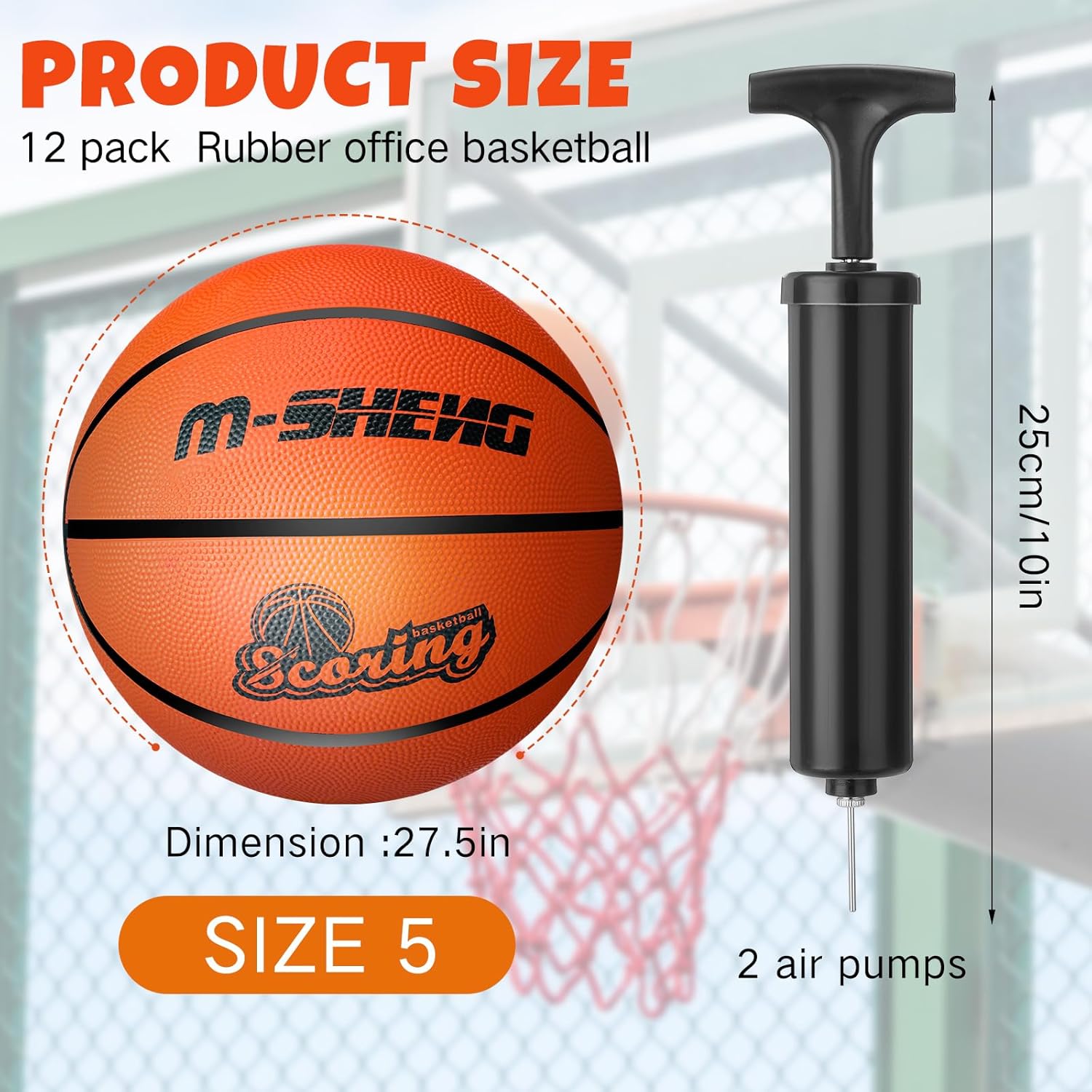 Jenaai 12 Pieces Rubber Basketballs Bulk Official Size 5 (27.5") Kids Youth Basketball Outdoor with Pump for Training and Play Teen Boys and Girls Gifts