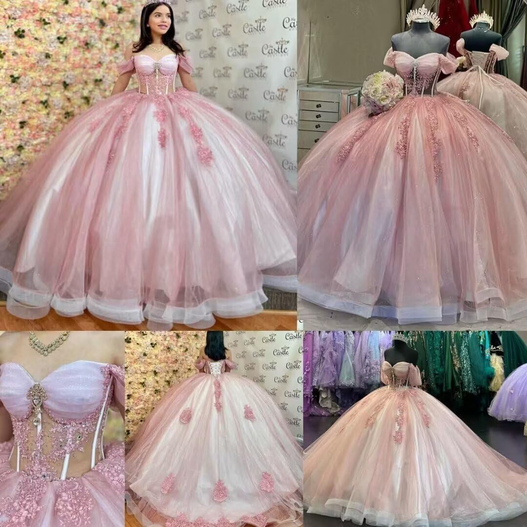 Women's Off Shoulder Quinceanera Dresses Lace Tulle Ball Gowns for Sweet 15 16 Dresses Prom Ball Gown with Train
