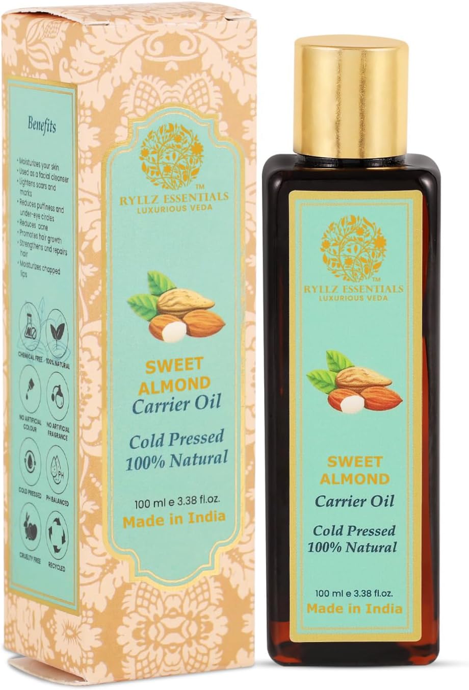 RYLLZ ESSENTIALS Sweet Almond Carrier Oil | For Hair Growth, Massage and Nourishment, Glowing Face and Skin | 100% Pure Badam Tail & Natural | Cold Pressed & Extra Virgin Oil | 100ml