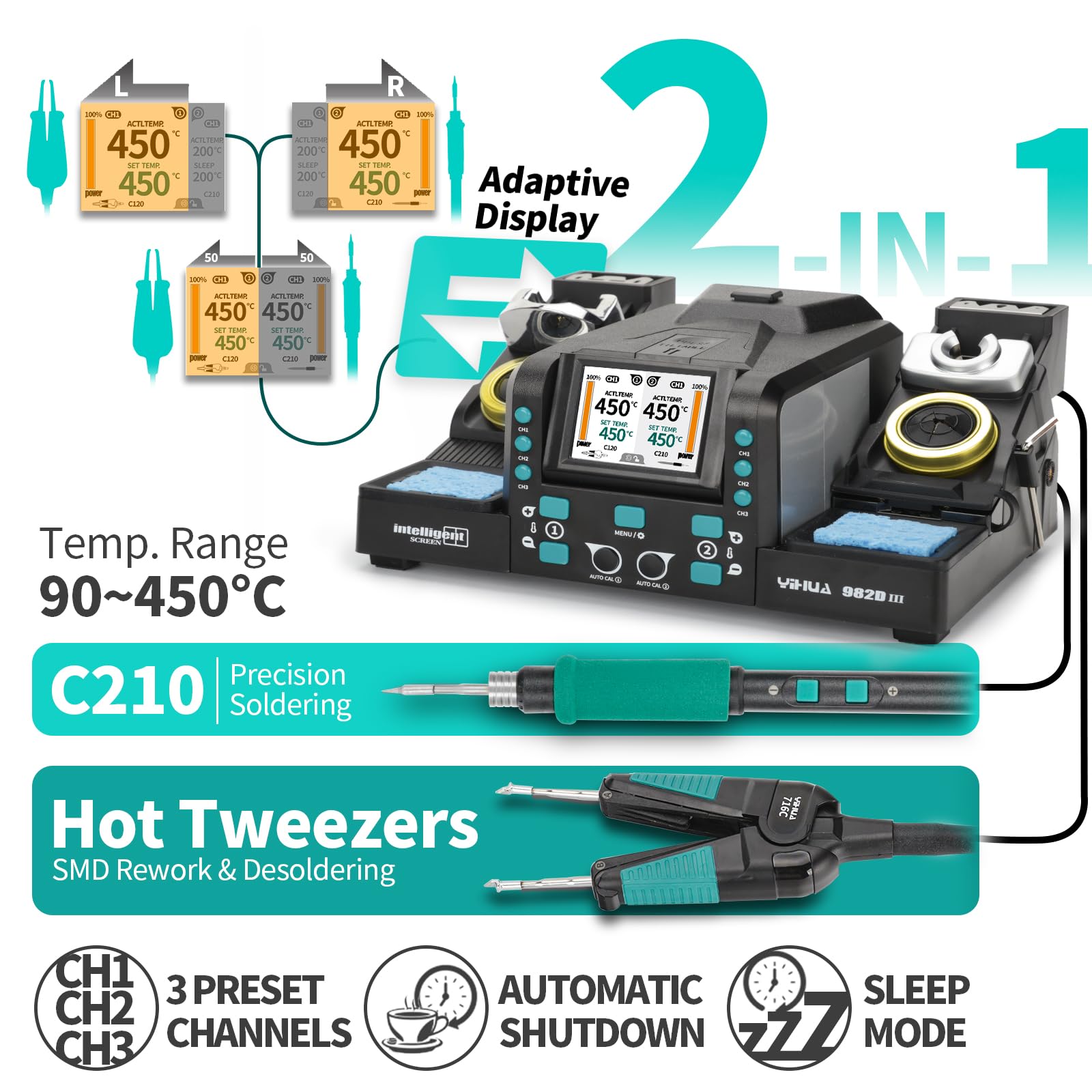 YIHUA 982D-III Estacion de soldadura de precisión 2-EN-1 con soldador de estaño C210 y sistema de puntas de pinzas calientes C120 para retrabajo SMD, microsoldadura, kit de soldador estaño profesional