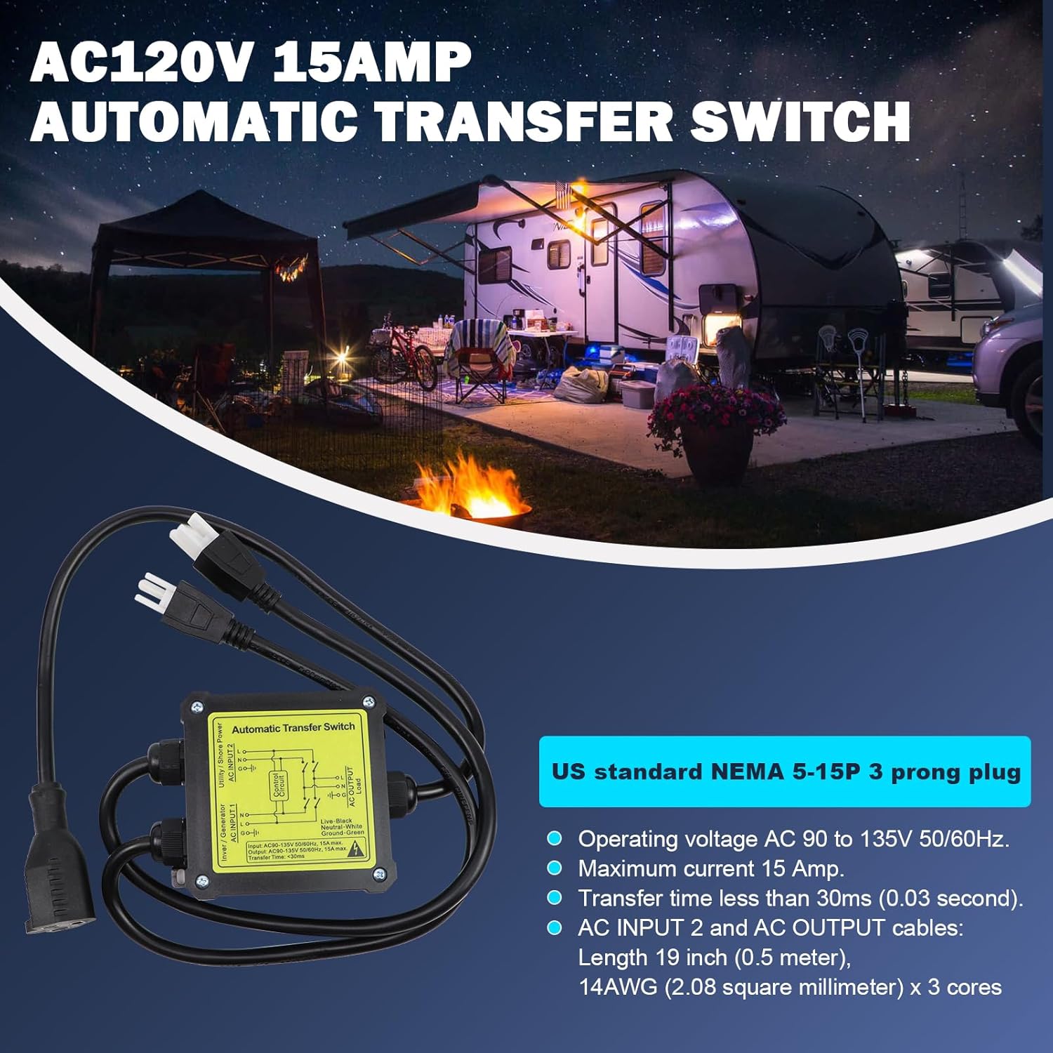 AC120V 15 Amp ATS Automatic Transfer Switch，Generator Transfer Switch(NEMA 5-15P/R)