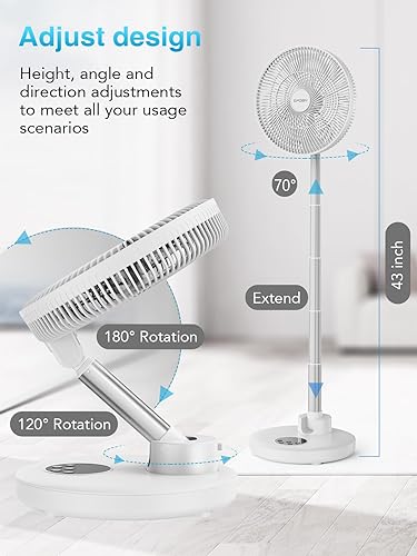 Miniatura 4 de Eposy Ventilador oscilante de pie de 12 pulgadas, plegable, portátil, silencioso, 12000 mAh con control remoto, temporizador, altura ajustable,