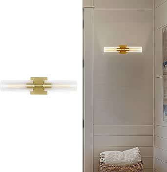 Scott Living 2-Light Sarita Modern Wall Sconce in Satin Brass Finish with Clear Ribbed Shade DJW1092SB, Stylish Wall Light Enhances Bedroom and Bathroom Wall Decor with Elegant Vanity Lighting