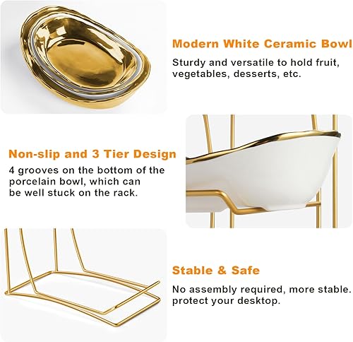 Vista 40 de Frutero para encimera de cocina, cesta de frutas de 3 niveles para encimera, soporte de frutas de cerámica, soporte de frutas escalonado con soporte