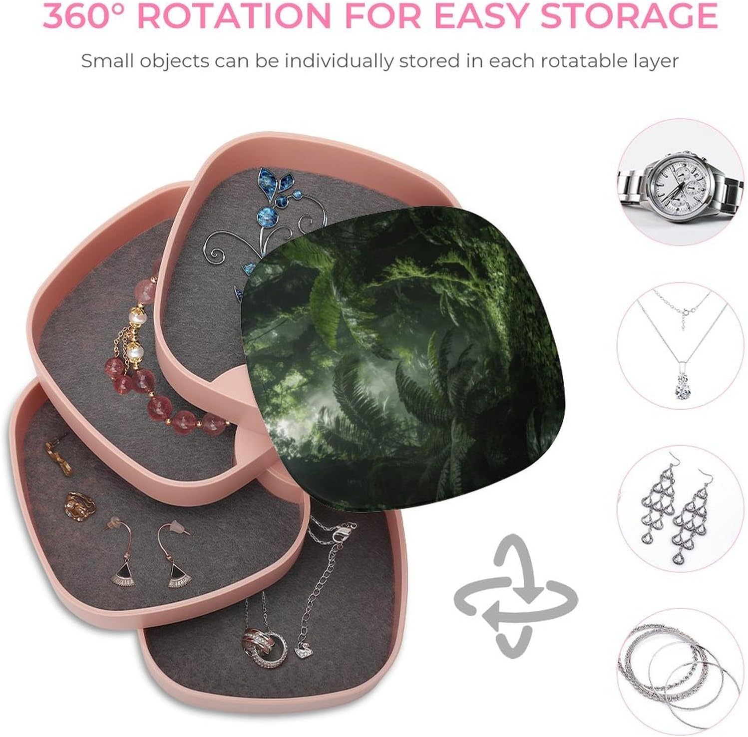Blackish Green Jewelry Box 360° Rotatable Jewelry Organizer 4 Layers Jewelry Case with Lid Fashion Portable Earring Holder for Bracelets Rings Bracelets Vanity image 4
