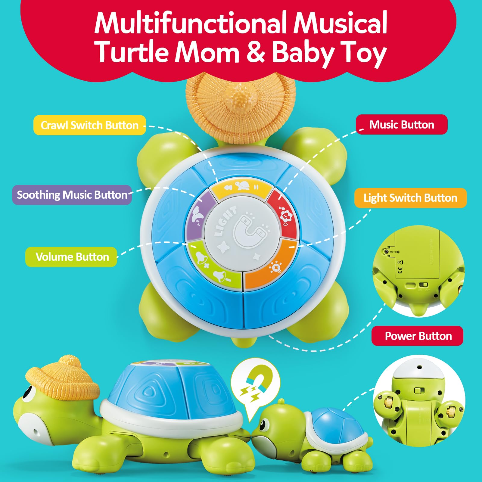 Juguetes para bebés de 6 a 12 meses, conjunto de juguetes de tortuga Miusical con mamá y bebé, juguetes para bebés que gatean en movimiento con luz y sonido, regalos de cumpleaños de Navidad para 2