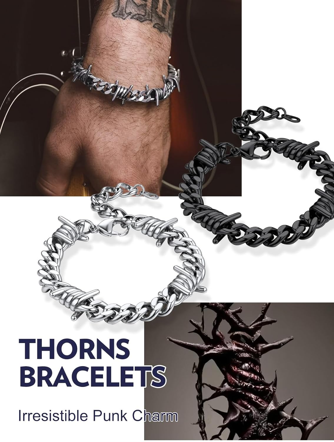 Bandmax Barbed Wire Chain Bracelets for Men Women Stainless Steel/Black/Gold Thorn Cuban Link Chains Bracelet Adjustable Punk Emo Style Jewelry - Image 8