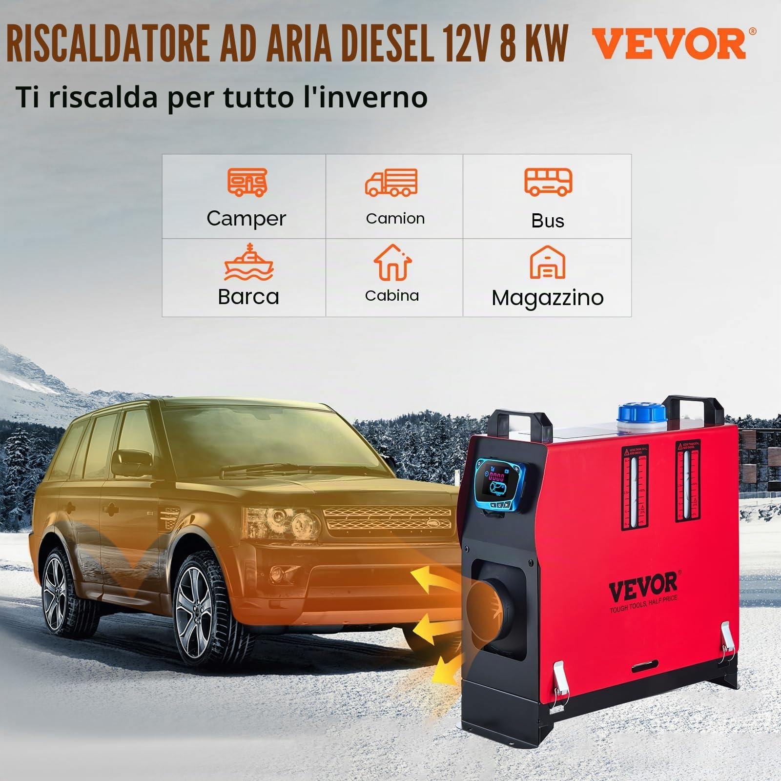 VEVOR scaldabagno diesel 12V 8kW riscaldamento aria 0,18-0,48 cm per auto camper