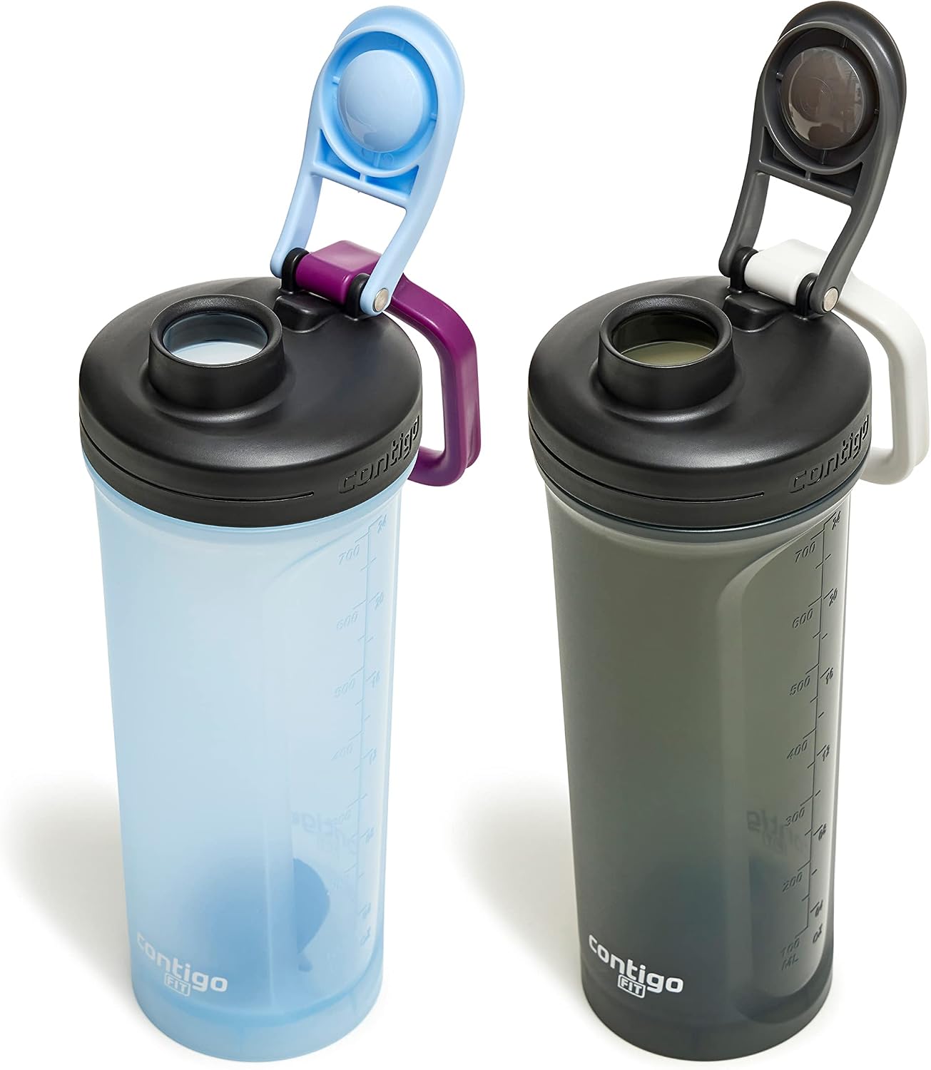 Contigo Fit Shake & Go 2.0 Shaker Bottle with Leak-Proof Lid, 28oz Gym Water Bottle with Whisk and Carabiner Handle, Dishwasher Safe Mixer Bottle, 2-Pack Periwinkle & Sake