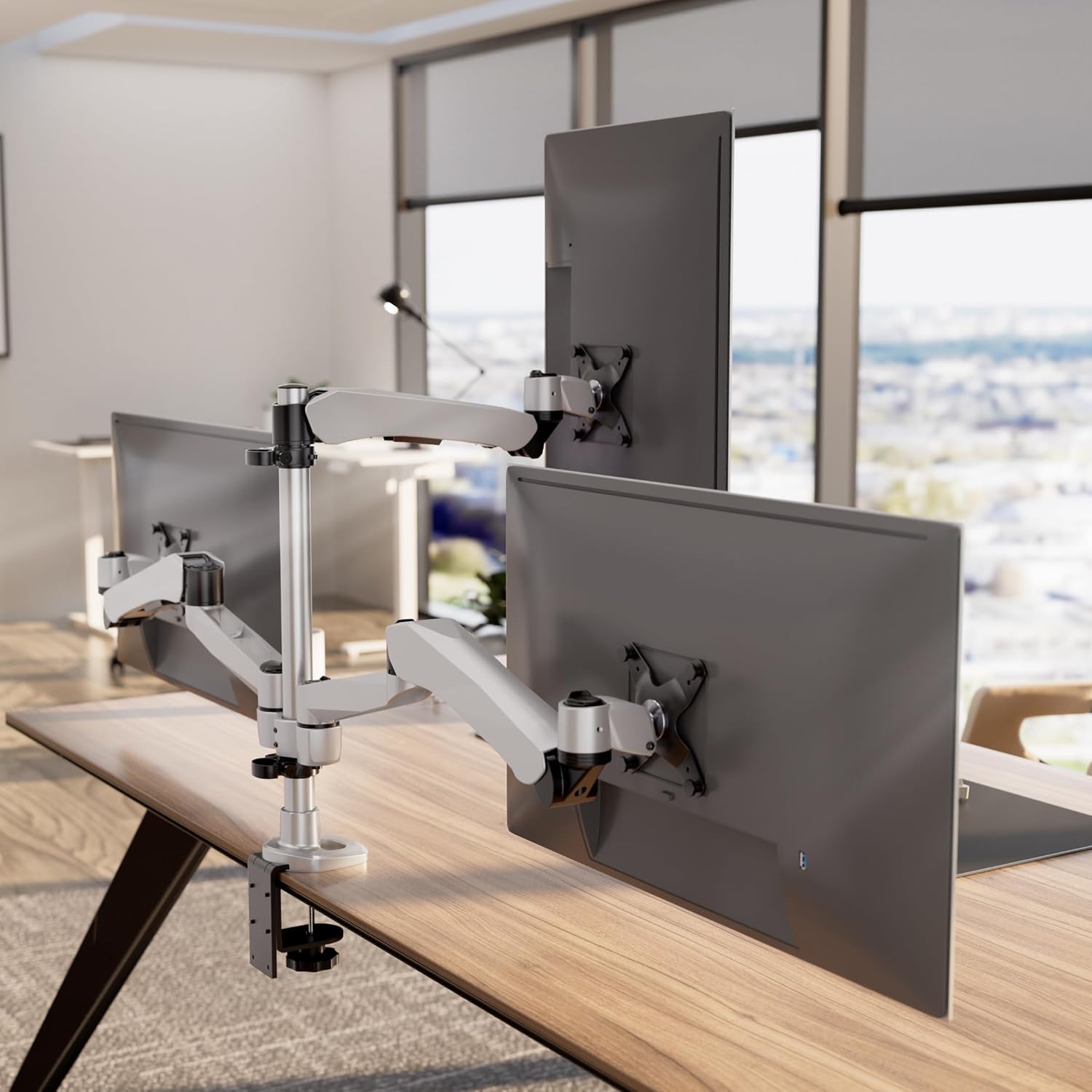 Mount-It! CLiX Triple Monitor Mount Pyramid Desk Stand, TAA-Compliant, Gas Spring 3 Monitor Desk Mount Fits 13-32" up to 19.8 lbs Each, VESA 75x75 100x100, Full Motion, 2+1 Configuration, Aluminum