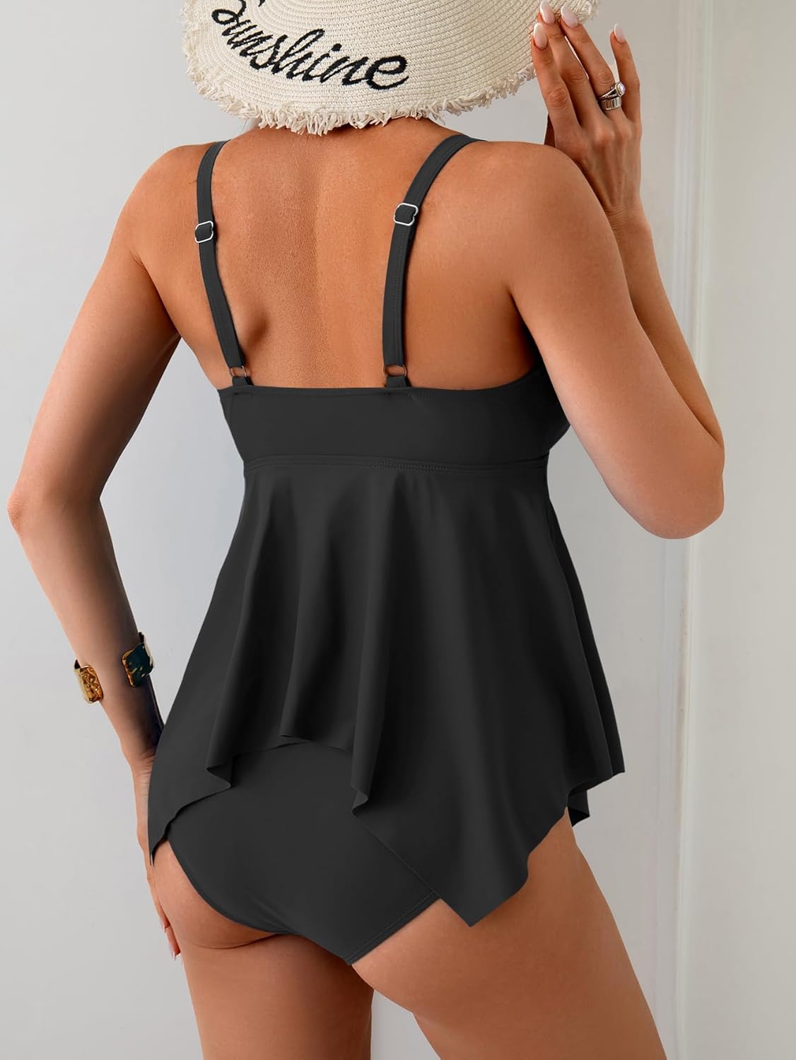 Tankini Swimsuit for Women Tummy Control Two Piece Bathing Suit O-Ring Flowy Swimwear Top with Bottom Black - Image 4